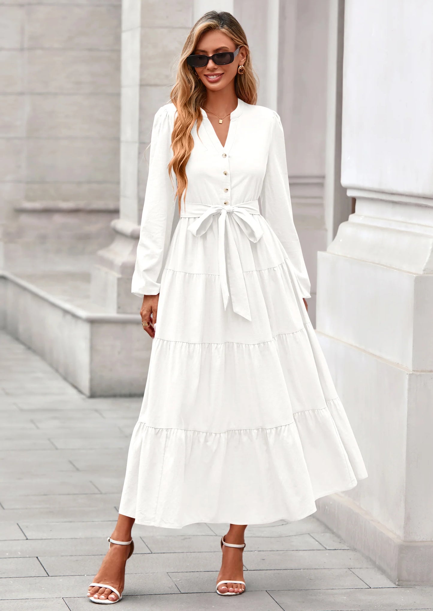 Fall Dresses for Women Long Sleeve V Neck Belted Ruffle A Line Flowy Boho Maxi Wedding Guest Dress Pockets