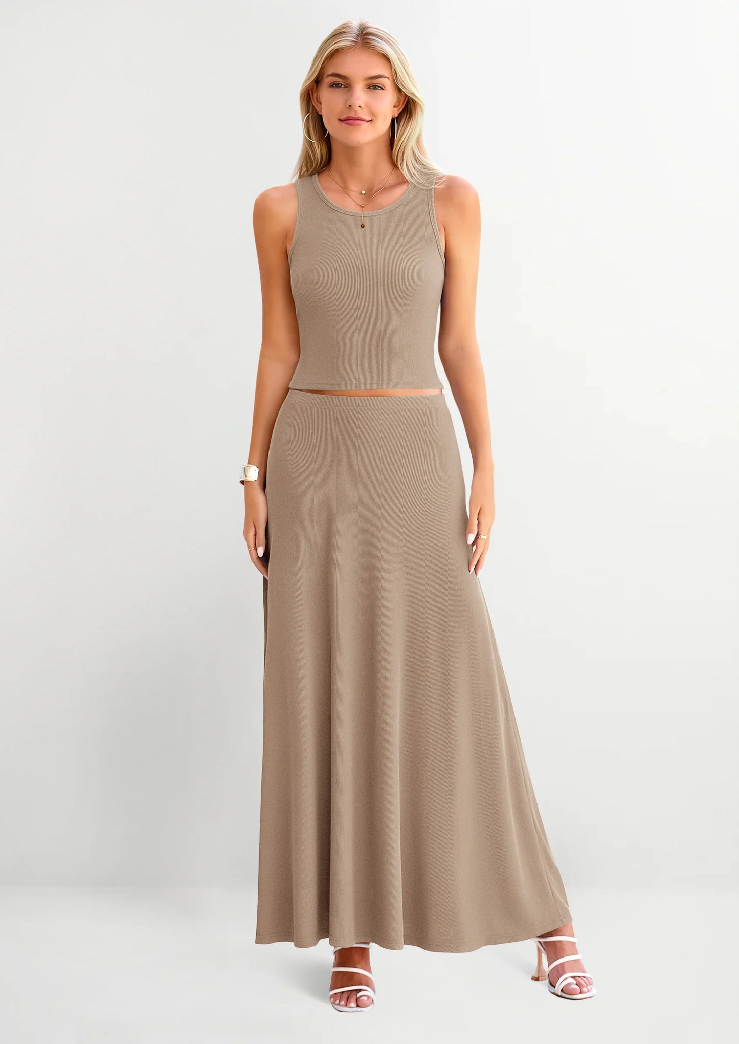 2 Piece Maxi Skirt Sets Casual Knit Cropped Tank Top High Waisted Long Skirts Outfit