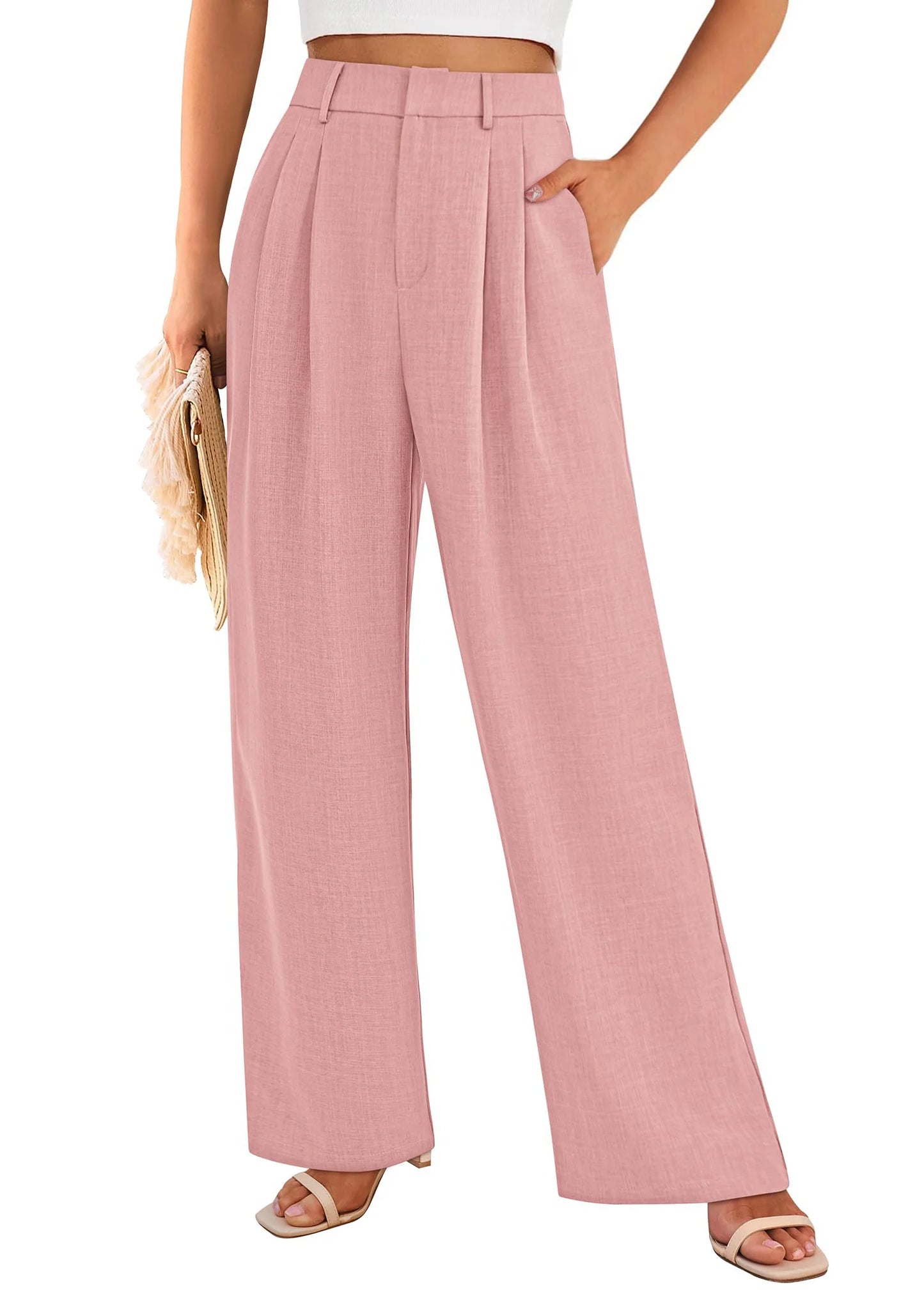 Women's Summer Elastic High Waisted Work Pants Straight Leg Dressy Business Casual Trousers Slacks Pockets