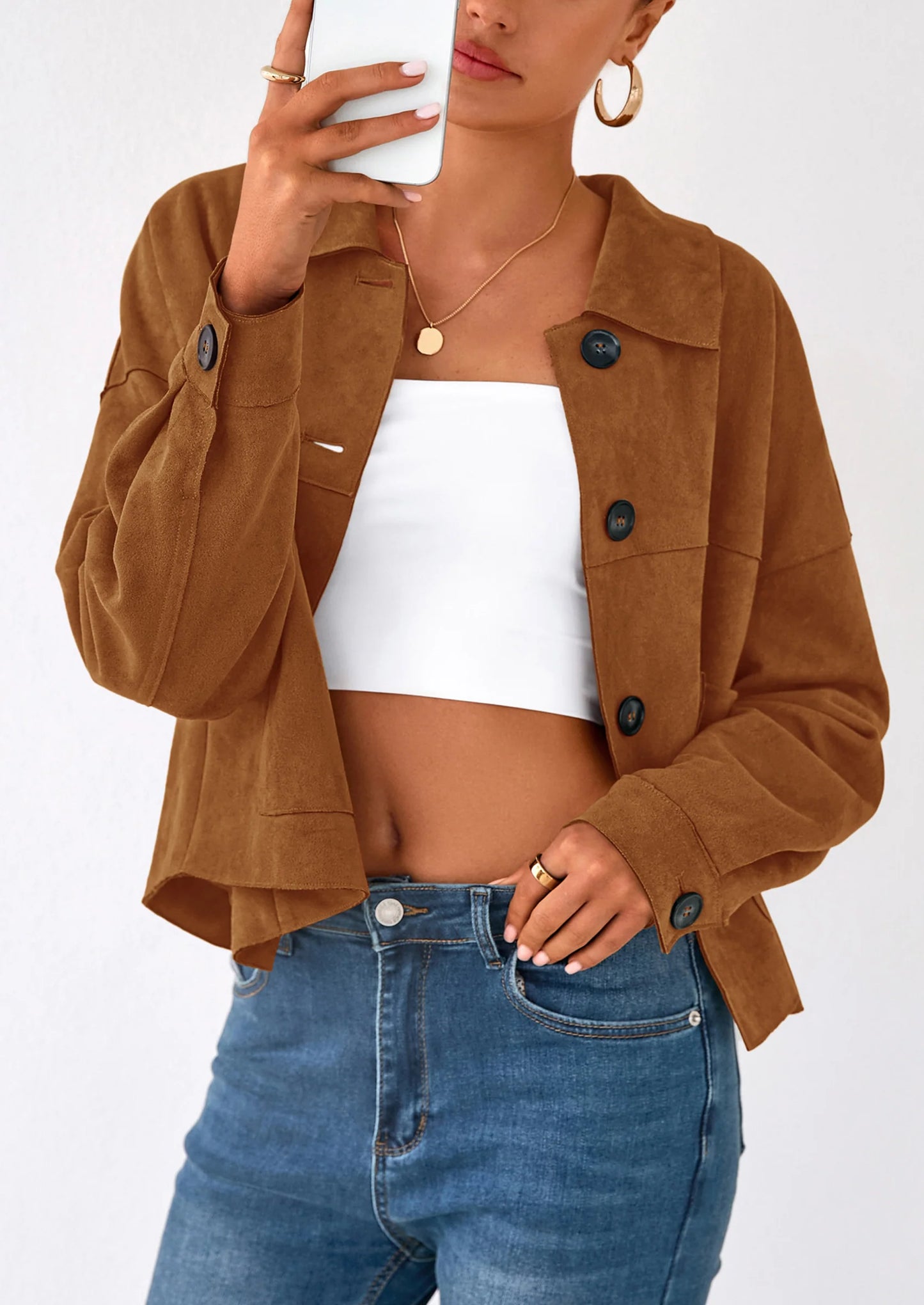 Women's Faux Suede Cropped Jacket Casual Lightweight Fall Fashion Winter Coats Outerwear Trendy Clothes