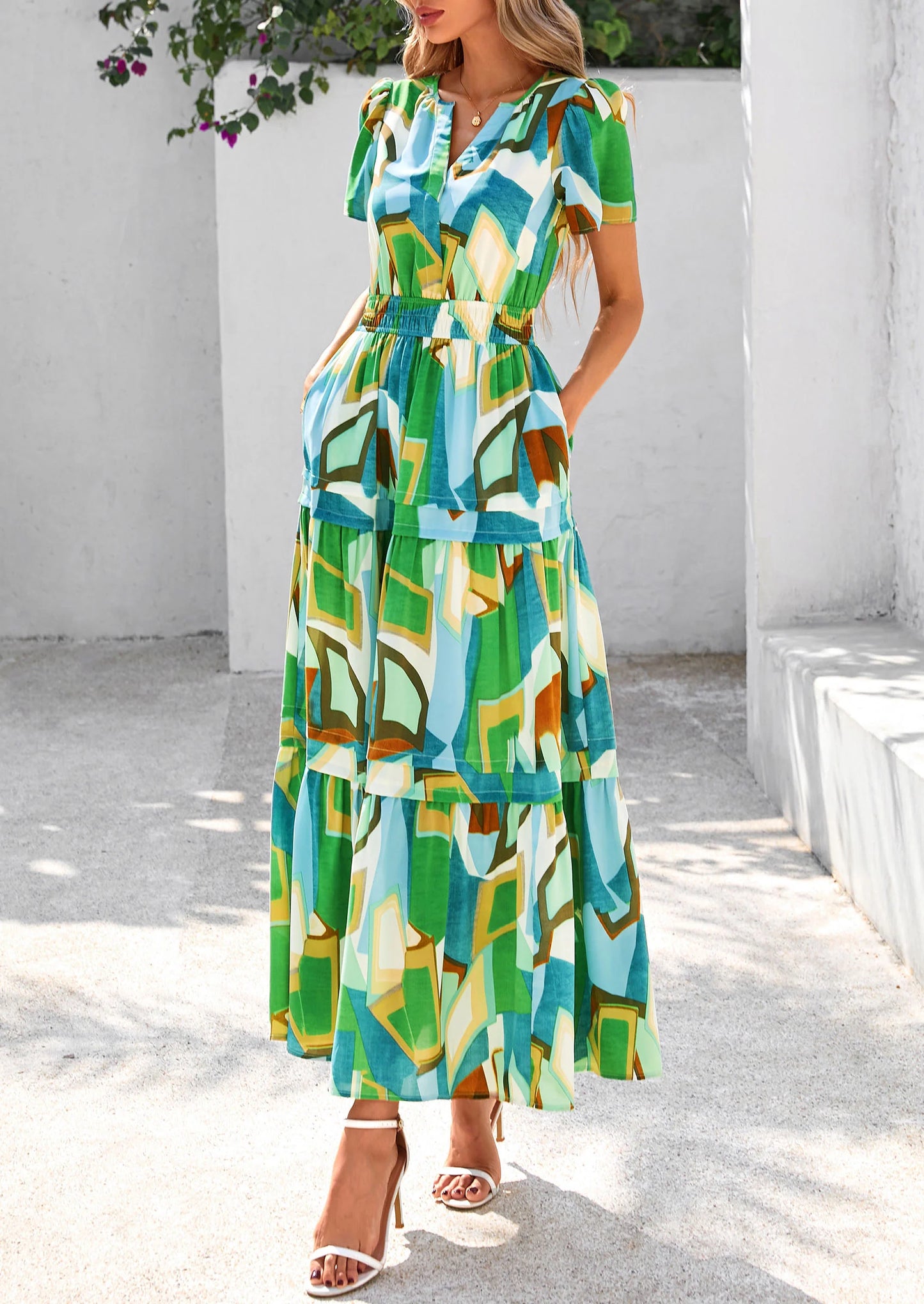 Women's Boho Maxi Dresses Floral Short Sleeve V Neck A Line Tiered Flowy Long Beach Vacation Dress