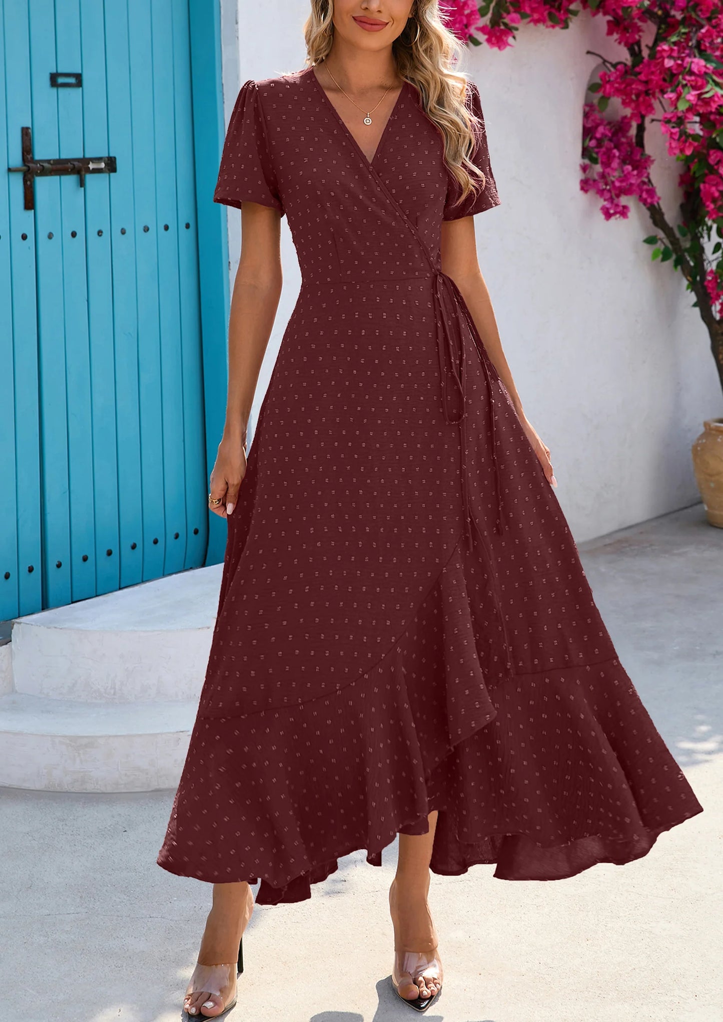 Women's Summer Maxi Dress Casual Wrap Floral Boho Short Sleeve V Neck Split Ruffle Beach Long Dresses