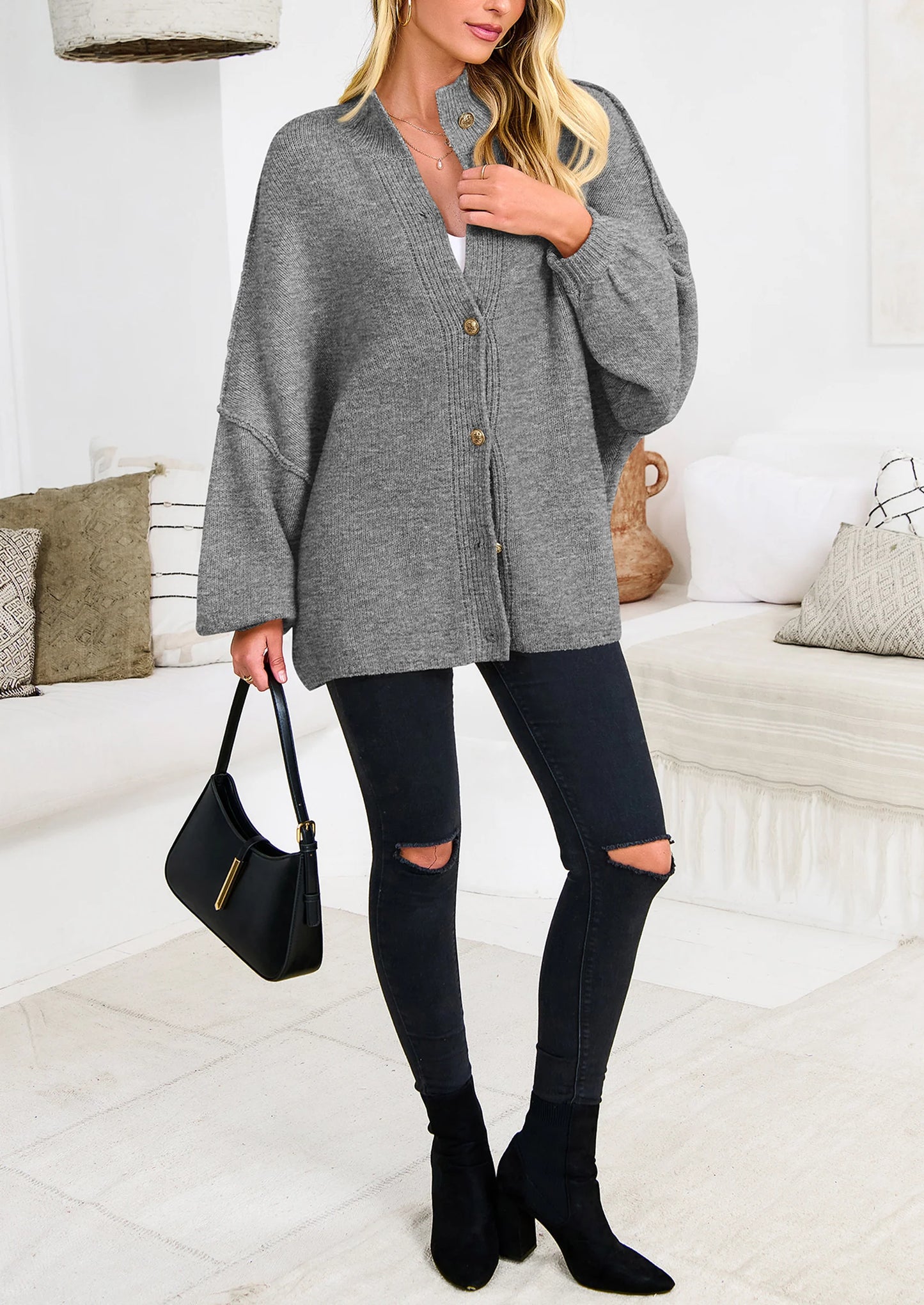 Women's Winter Button Down Cardigan Sweaters Mock Neck Lantern Long Sleeve Chunky Knit Jacket Trendy Outerwear