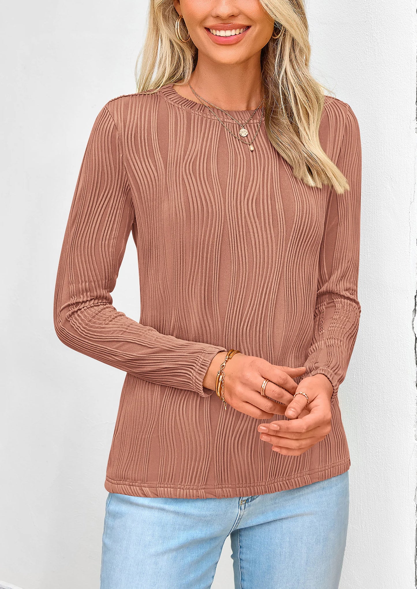 Long Sleeve Tops for Women Spring Fall Trendy Business Dressy Casual Shirts Crewneck Textured Blouse