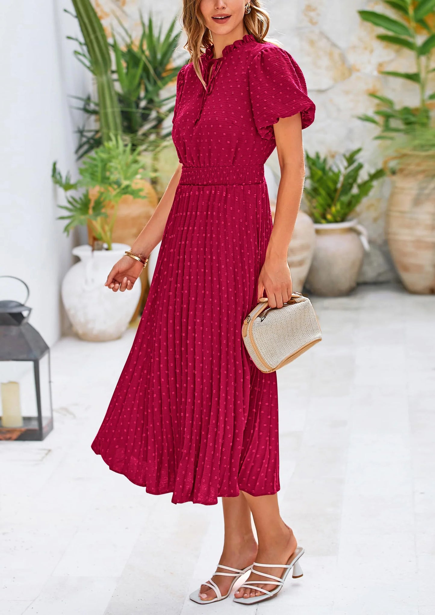 Womens Midi Dresses Puff Short Sleeve V Neck Swiss Dot Pleated A Line Flowy Long Wedding Guest Dress
