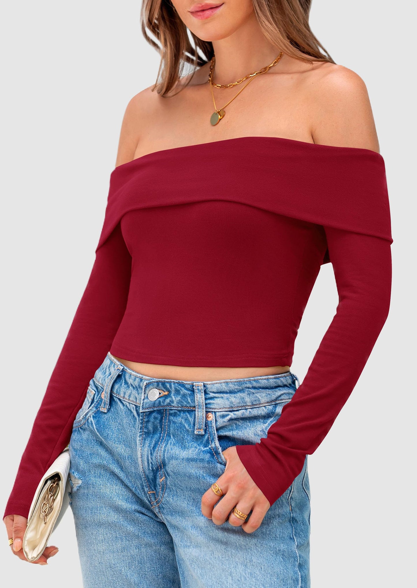 Off The Shoulder Tops for Women Long Sleeve Shirts Trendy Going Out Crop Top Spring Fashion Clothes
