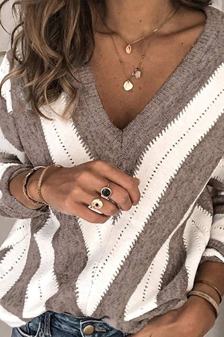 Women's Fashion Long Sleeve Striped Color Block Knitted Sweater Crew Neck Loose Pullover Jumper Tops