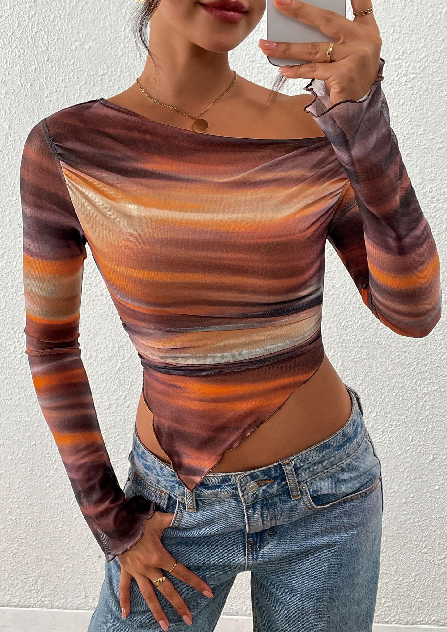 Womens Fall Trendy Off Shoulder Tops Tie Dye Mesh Long Sleeve Shirts Asymmetrical Ruched Floral Blouse