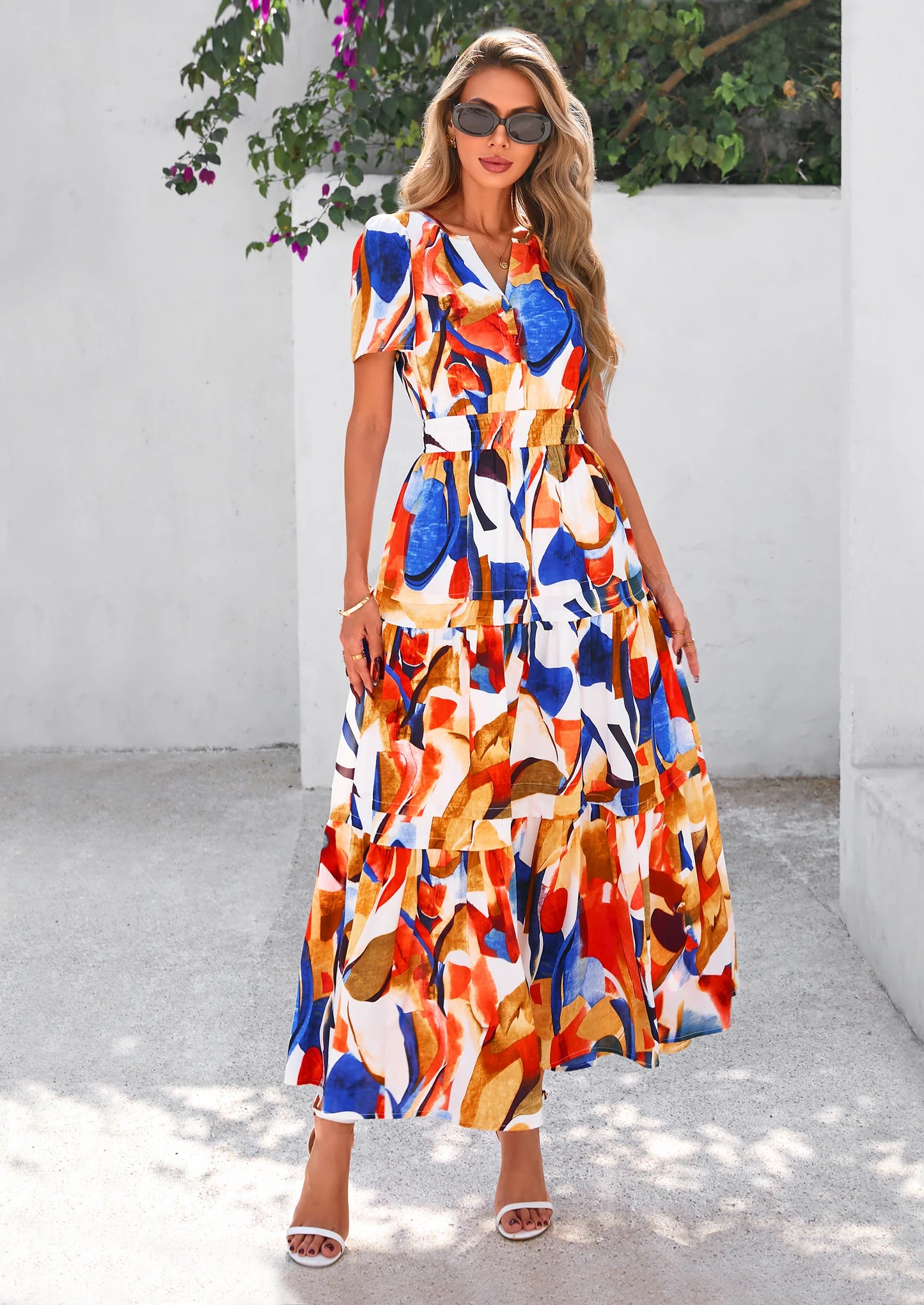 Women's Boho Maxi Dresses Floral Short Sleeve V Neck A Line Tiered Flowy Long Beach Vacation Dress