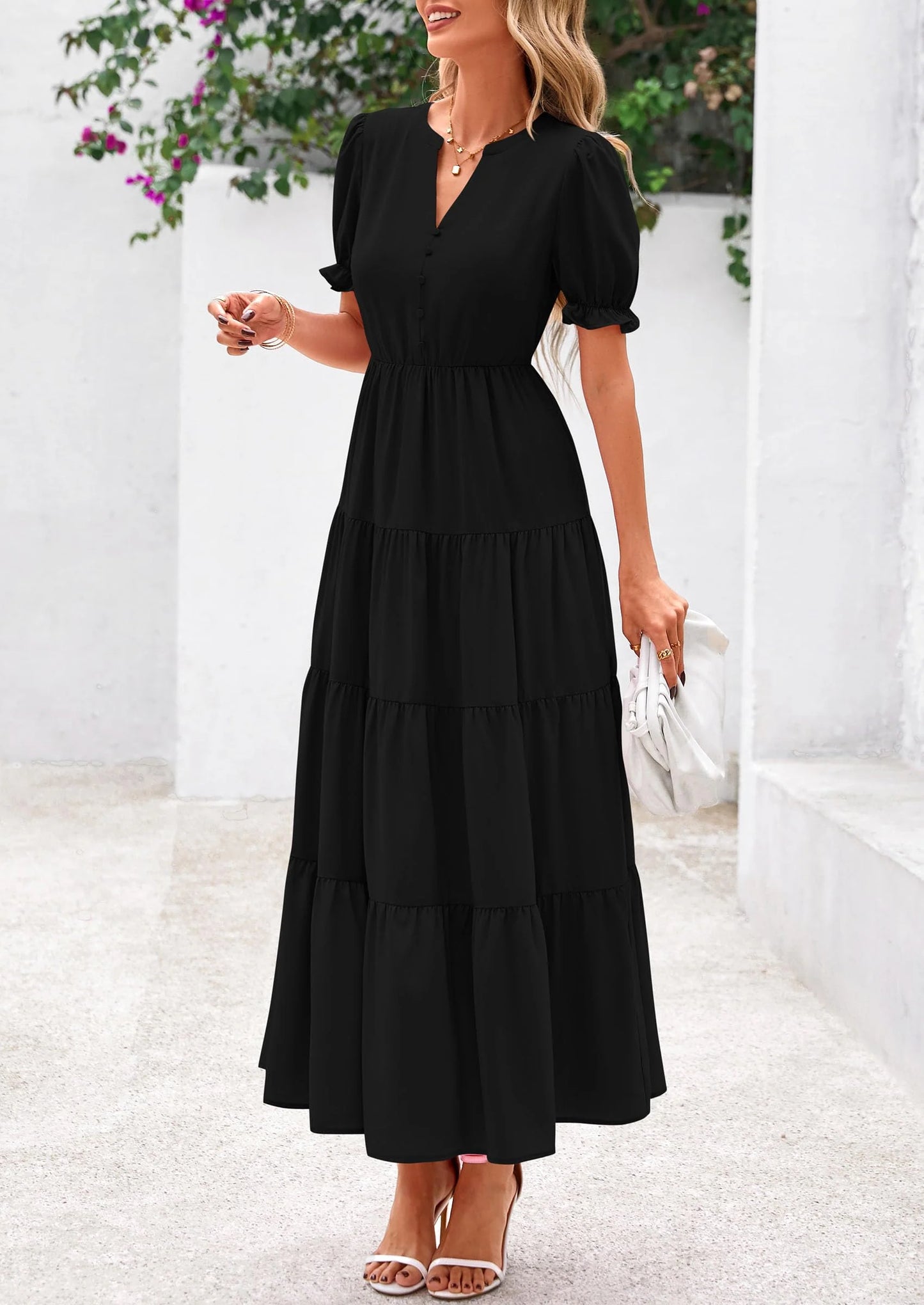 Women's Casual Short Sleeve V Neck Midi Dresses Spring A-line Tiered Wedding Guest Dress