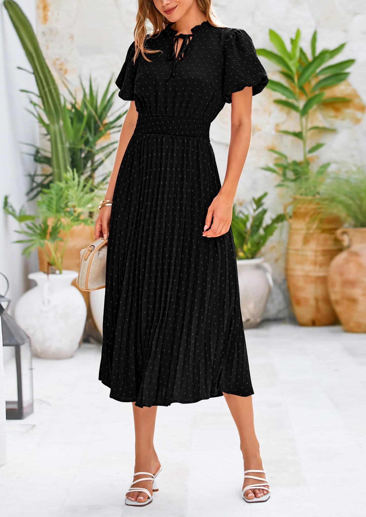 Womens Midi Dresses Puff Short Sleeve V Neck Swiss Dot Pleated A Line Flowy Long Wedding Guest Dress