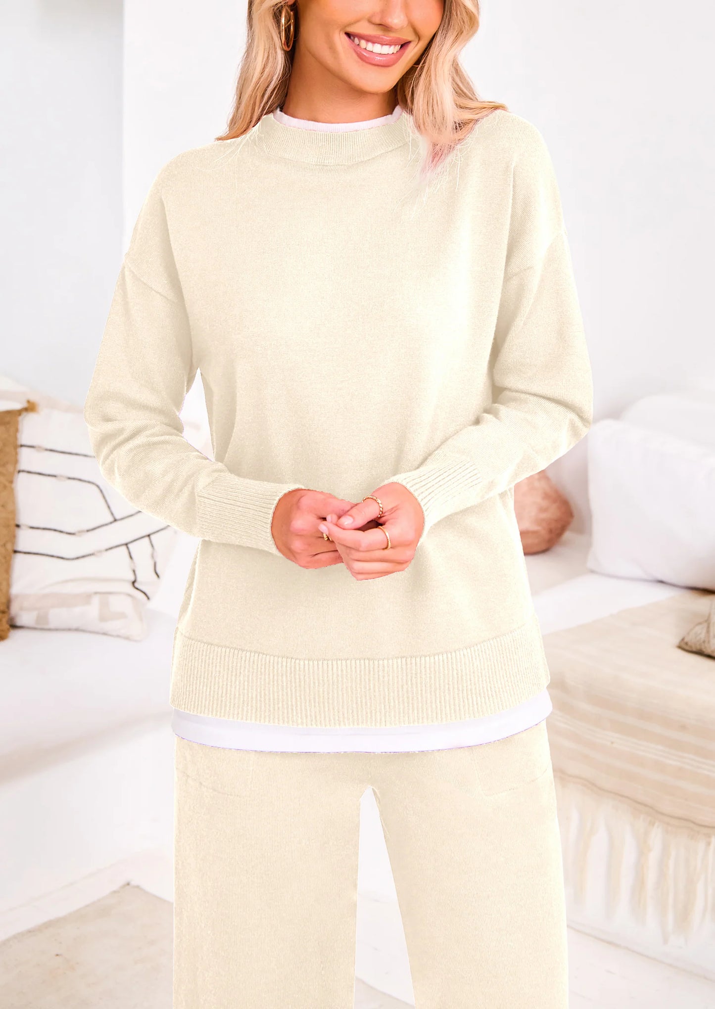 Two Piece Matching Sweater Lounge Sets Knit Long Sleeve Pullover Tops Wide Leg Pants