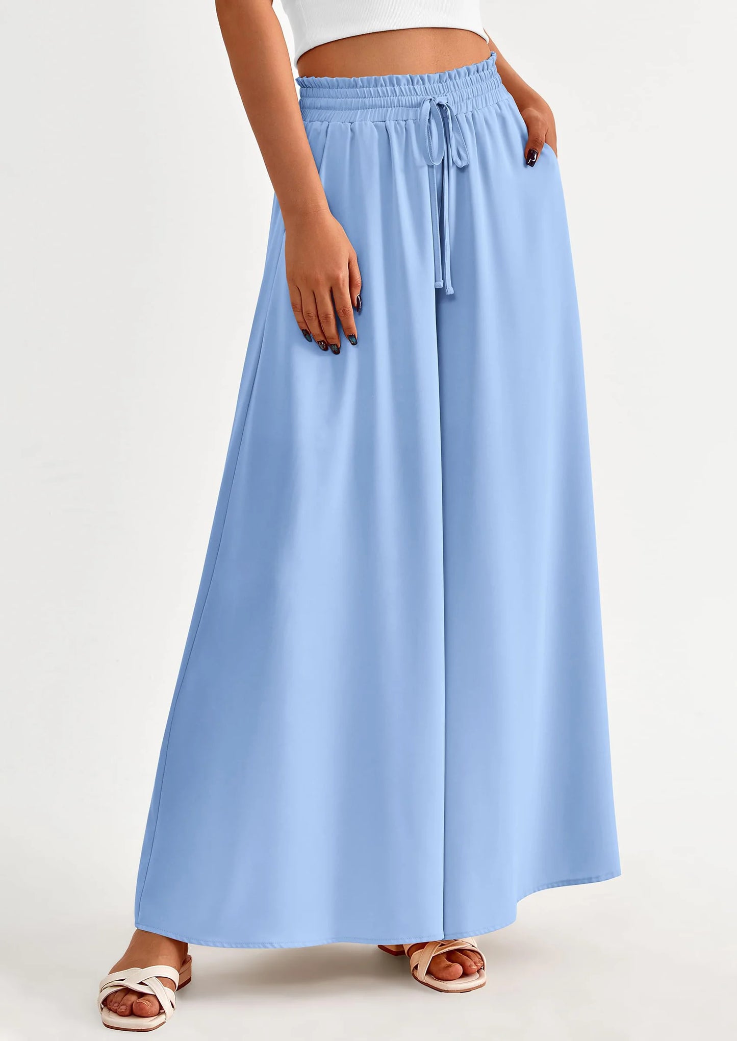 Women's Summer Wide Leg Palazzo Pants High Waisted Flowy Pockets Trendy Casual Lounge Boho Beach Trousers