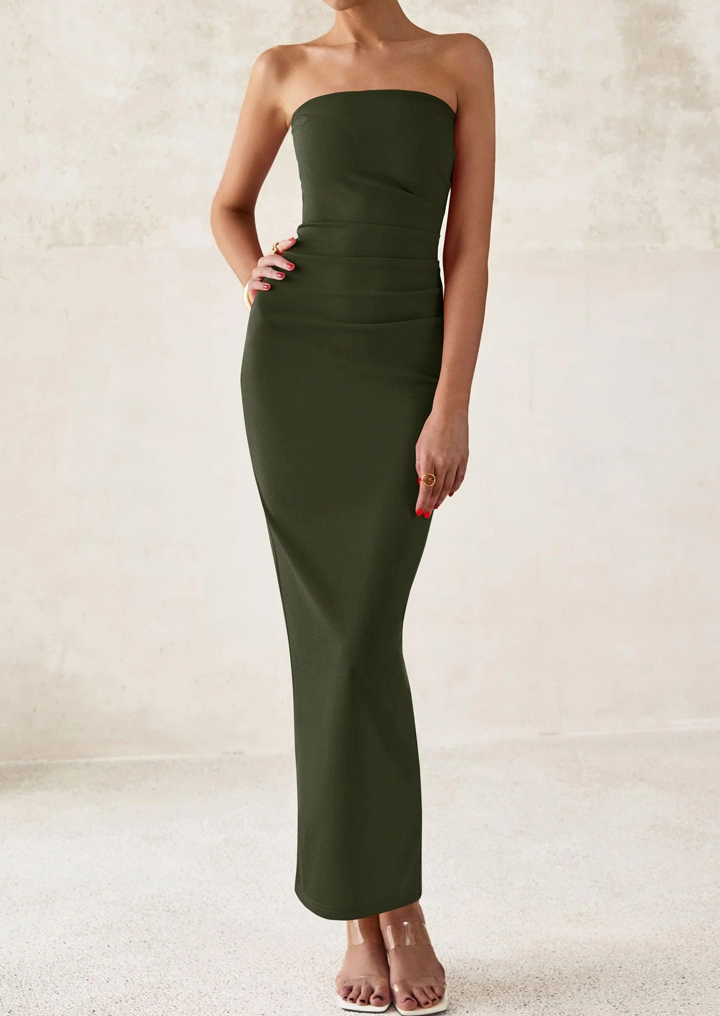 Women's Semi Formal Cocktail Dresses Strapless Tube Bodycon Ruched Evening Wedding Guest Maxi Dress