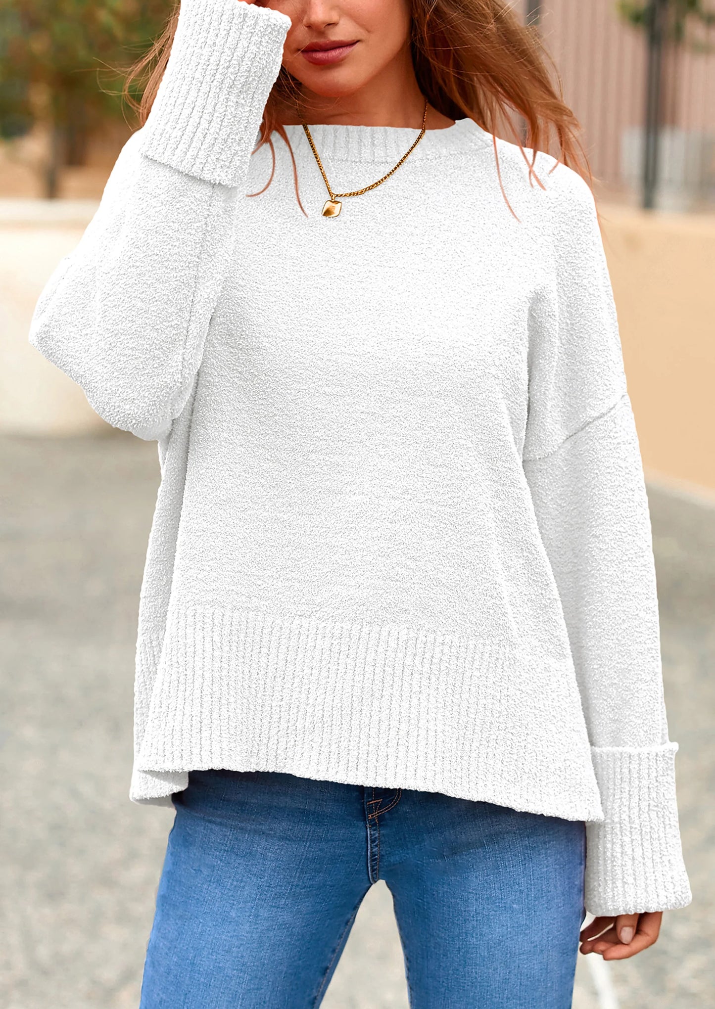 Women's Fall Oversized Sweaters Casual Crewneck Pullover Long Sleeve Fuzzy Chunky Knit Tops Blouse