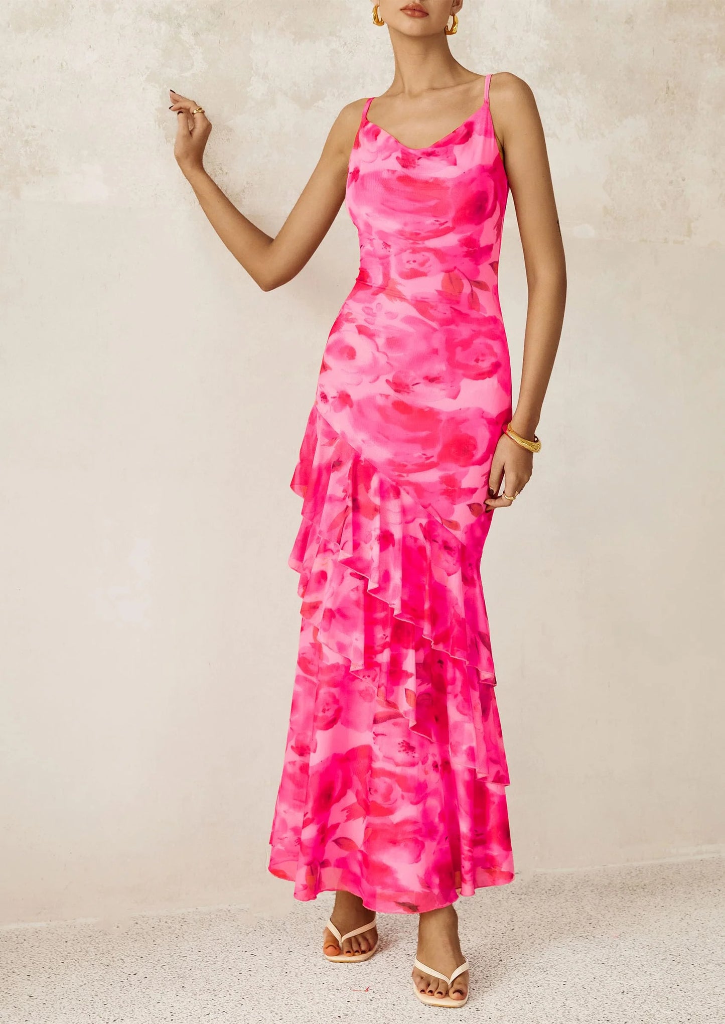 Maxi Dresses for Women Floral Beach Sundress Spaghetti Strap Tiered Wedding Guest Long Dress