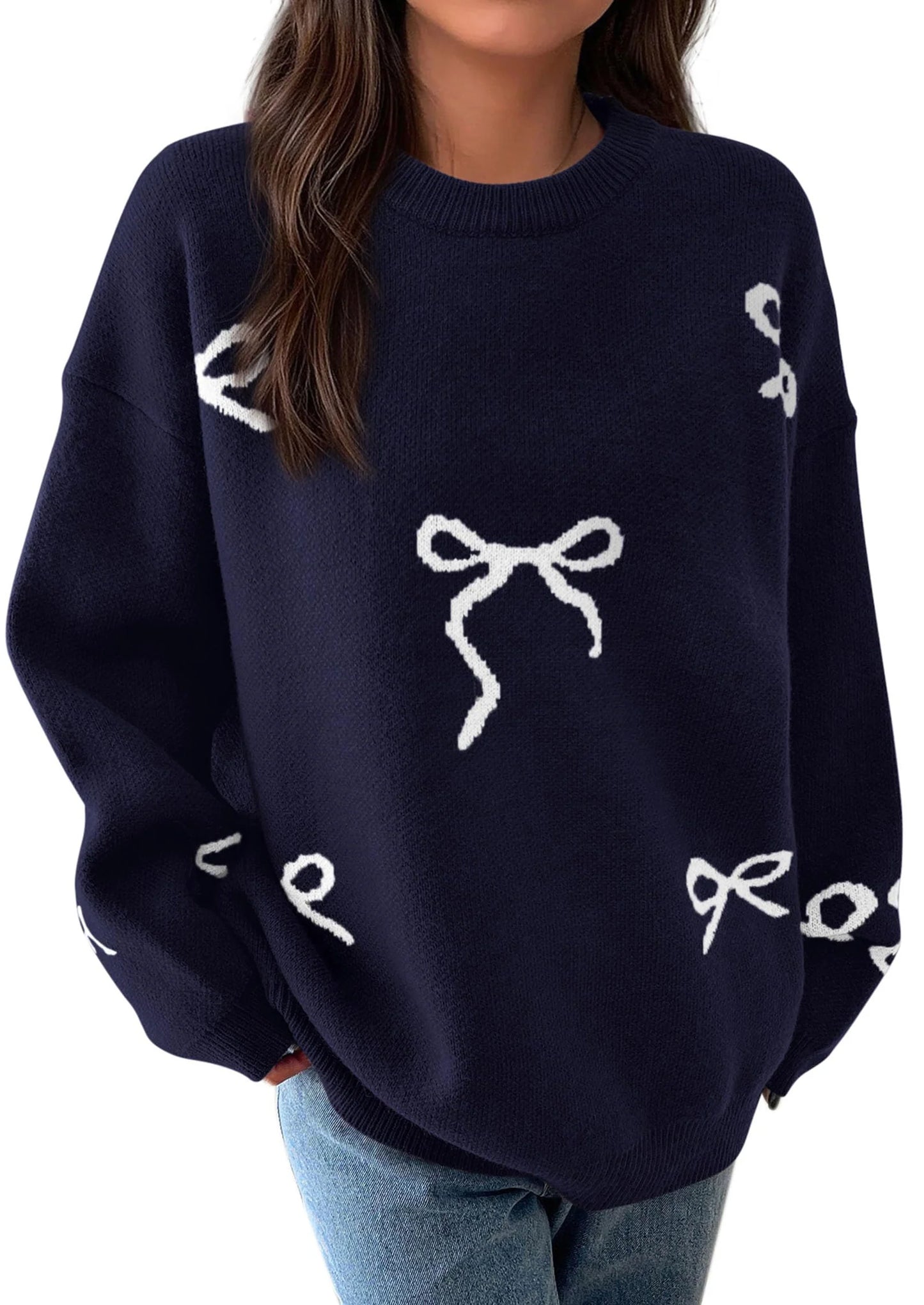 Fall Long Sleeve Pullover Sweaters for Women Trendy Crewneck Casual Cute Bow Chunky Knit Oversized Sweater