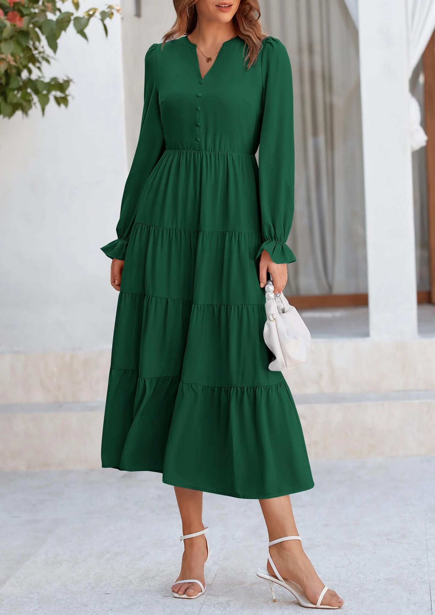 Women Fall Long Sleeve Smocked Maxi Dress Casual Square Neck Swiss Dot Tiered Ruffle Flowy Spring Pocket Dresses
