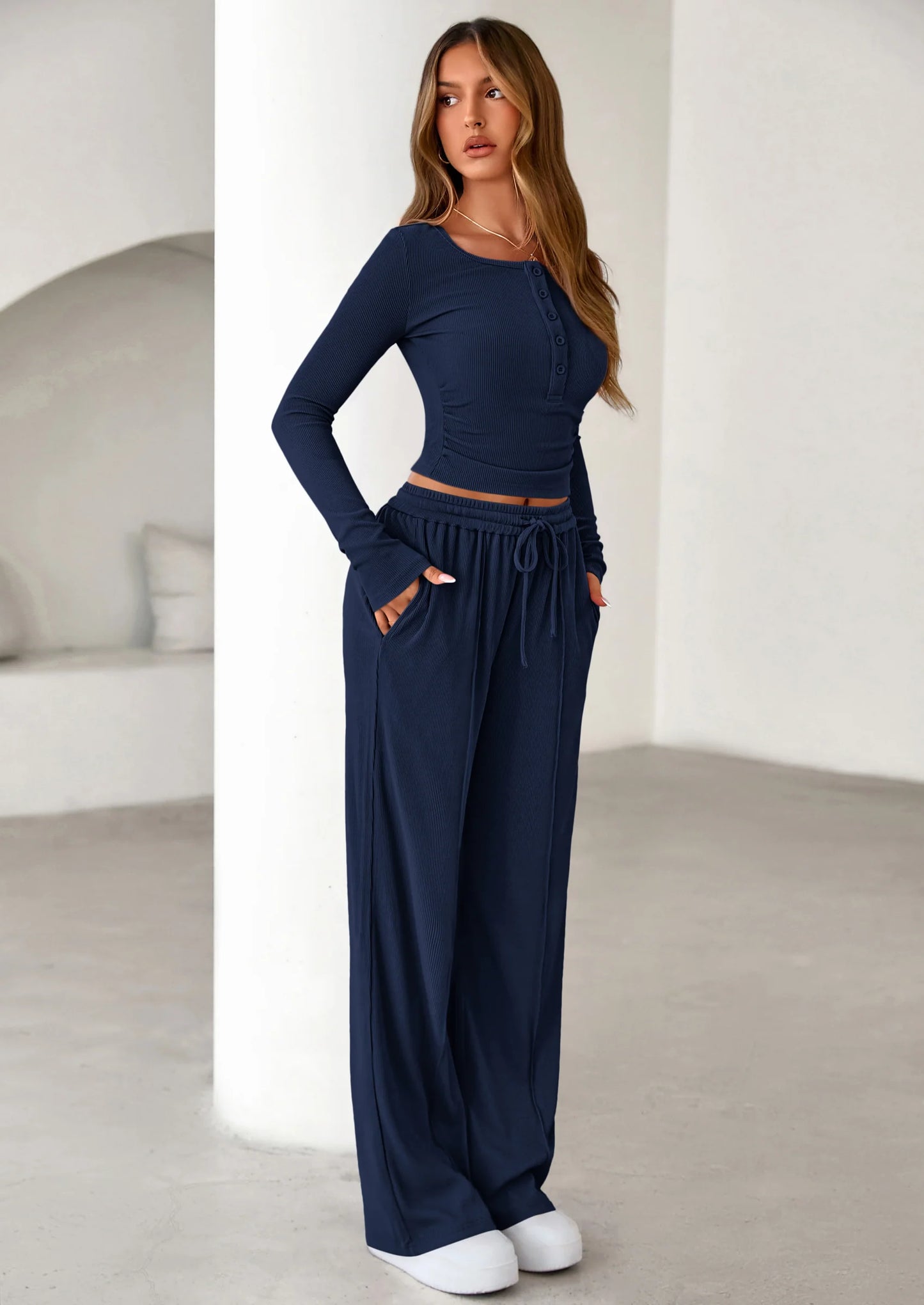 Women's Fall Trendy 2 Piece Outfits Lounge Sets Long Sleeve Top Henley Shirts Wide Leg Pants Travel Clothes