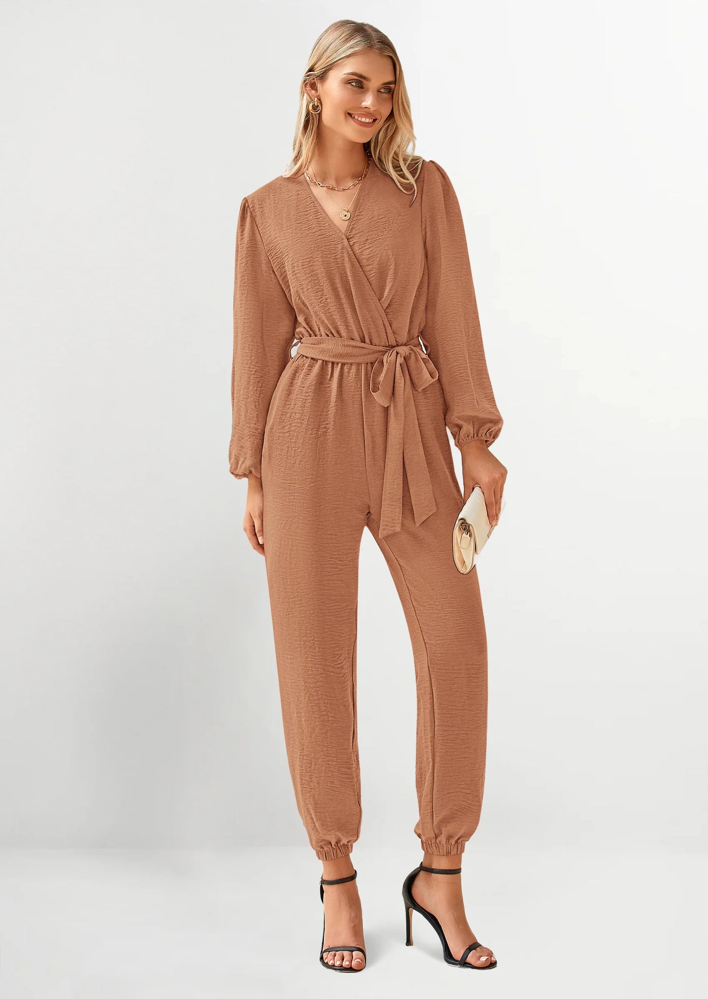 Women's Fall Jumpsuits Dressy Casual Pants Romper Spring Long Sleeve V Neck Belt Pockets One Piece Outfits
