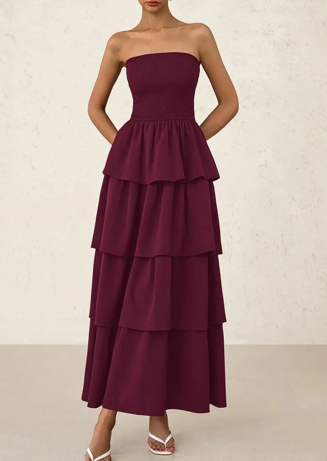Maxi Dresses for Women Off Shoulder Smocked Tiered Ruffle Long Flowy Wedding Guest Dress