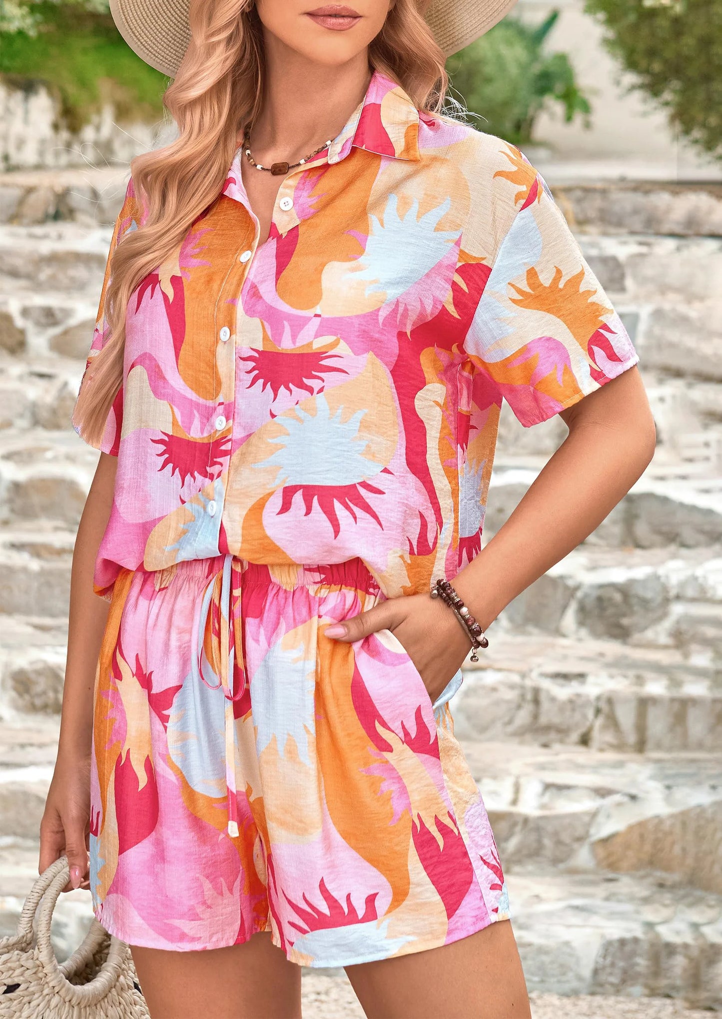 Women Summer 2 Piece Sets Printed Short Sleeve Tops Lounge Shorts Beach Vacation Outfits