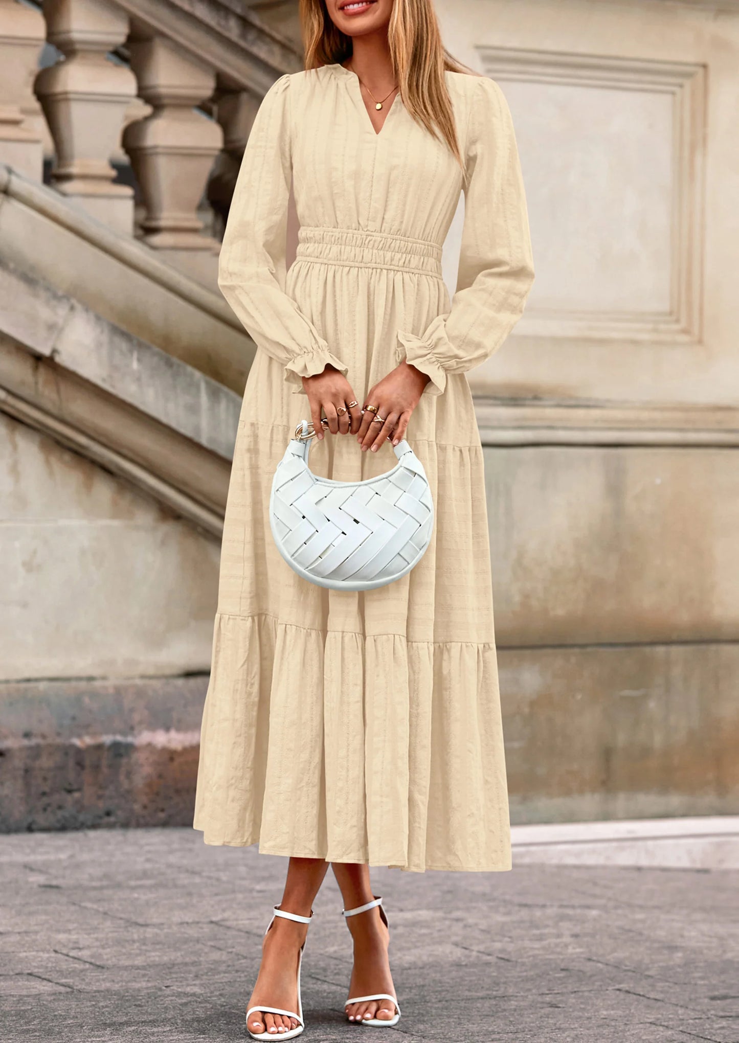 Women's Fall Wedding Guest Dresses Long Sleeve V Neck Flowy Elegant Holiday Party Maxi Dress with Pockets