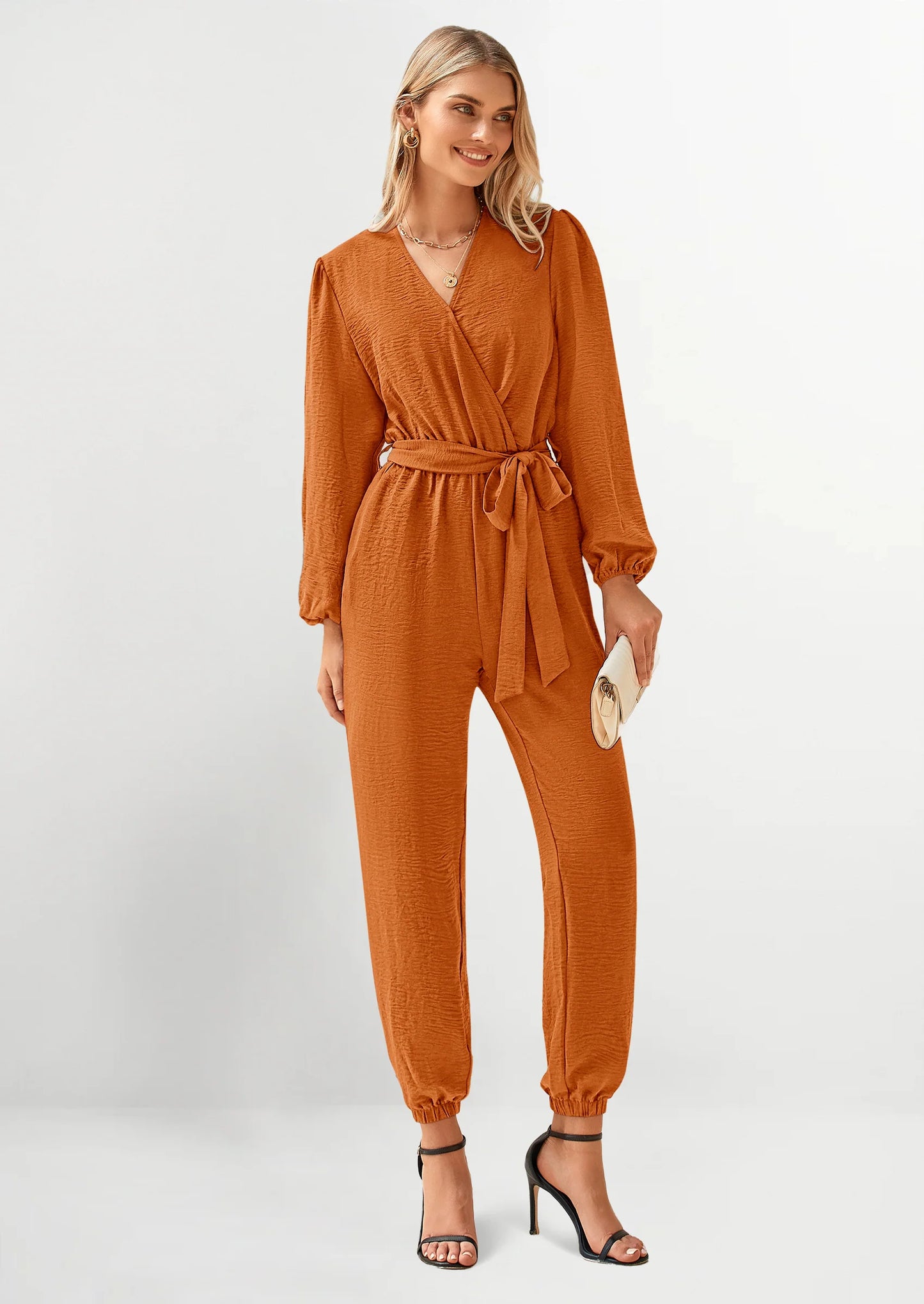 Women's Fall Jumpsuits Dressy Casual Pants Romper Spring Long Sleeve V Neck Belt Pockets One Piece Outfits