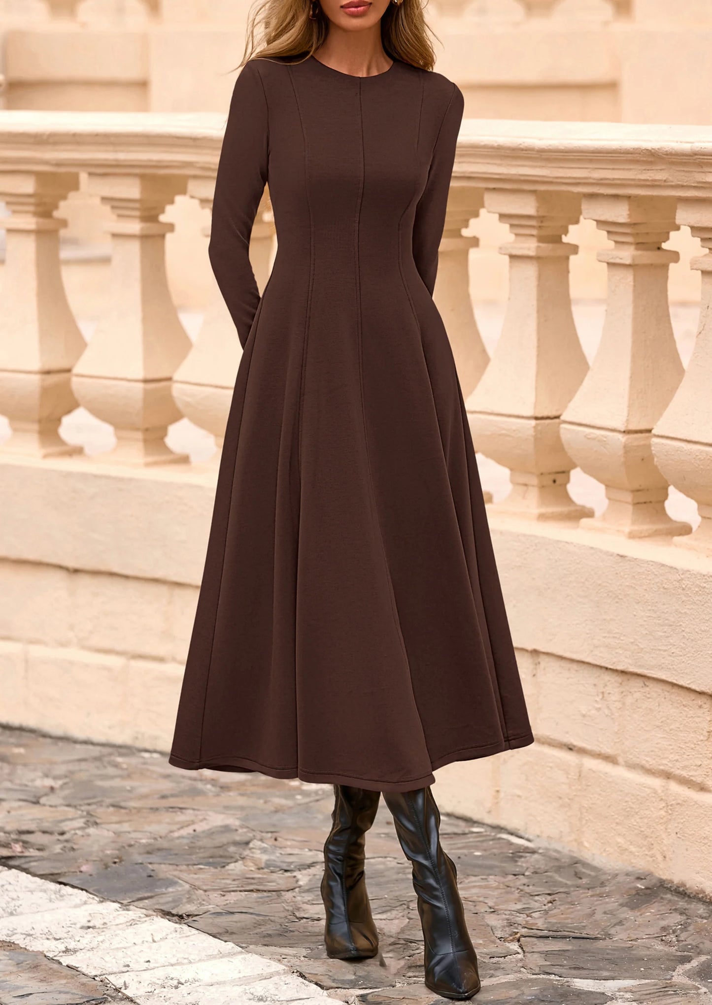 Women's Fall Long Sleeve Midi Dress Casual Elegant Ruffle Flowy A Line Swing Cocktail Party Dresses