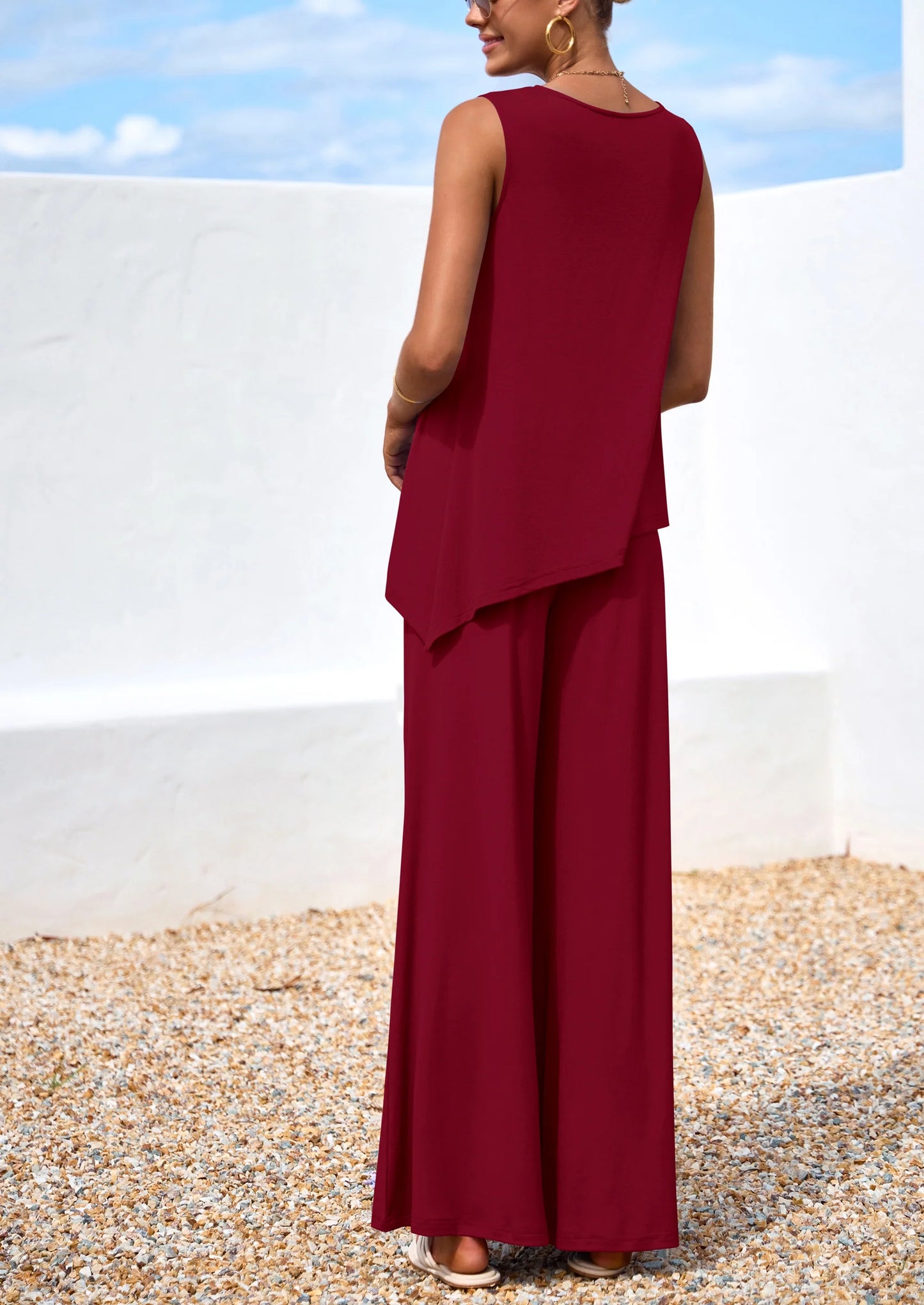 Women's Two Piece Matching Lounge Sets Asymmetrical Split Tank Tops Wide Leg Pants Summer Outfits Tracksuit
