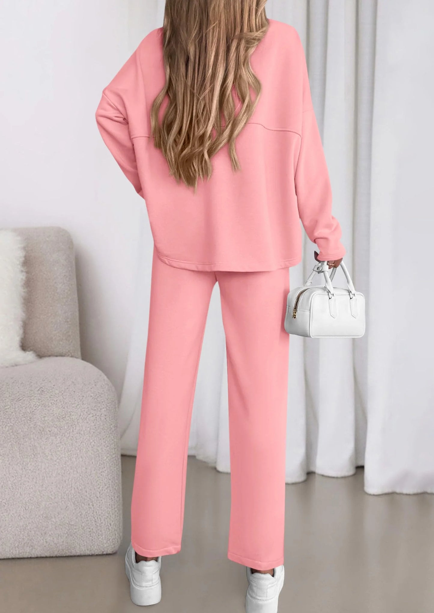 Womens 2 Piece Matching Lounge Sets Fall Long Sleeve Boatneck Sweatsuit Drawstring Sweatpants Pockets