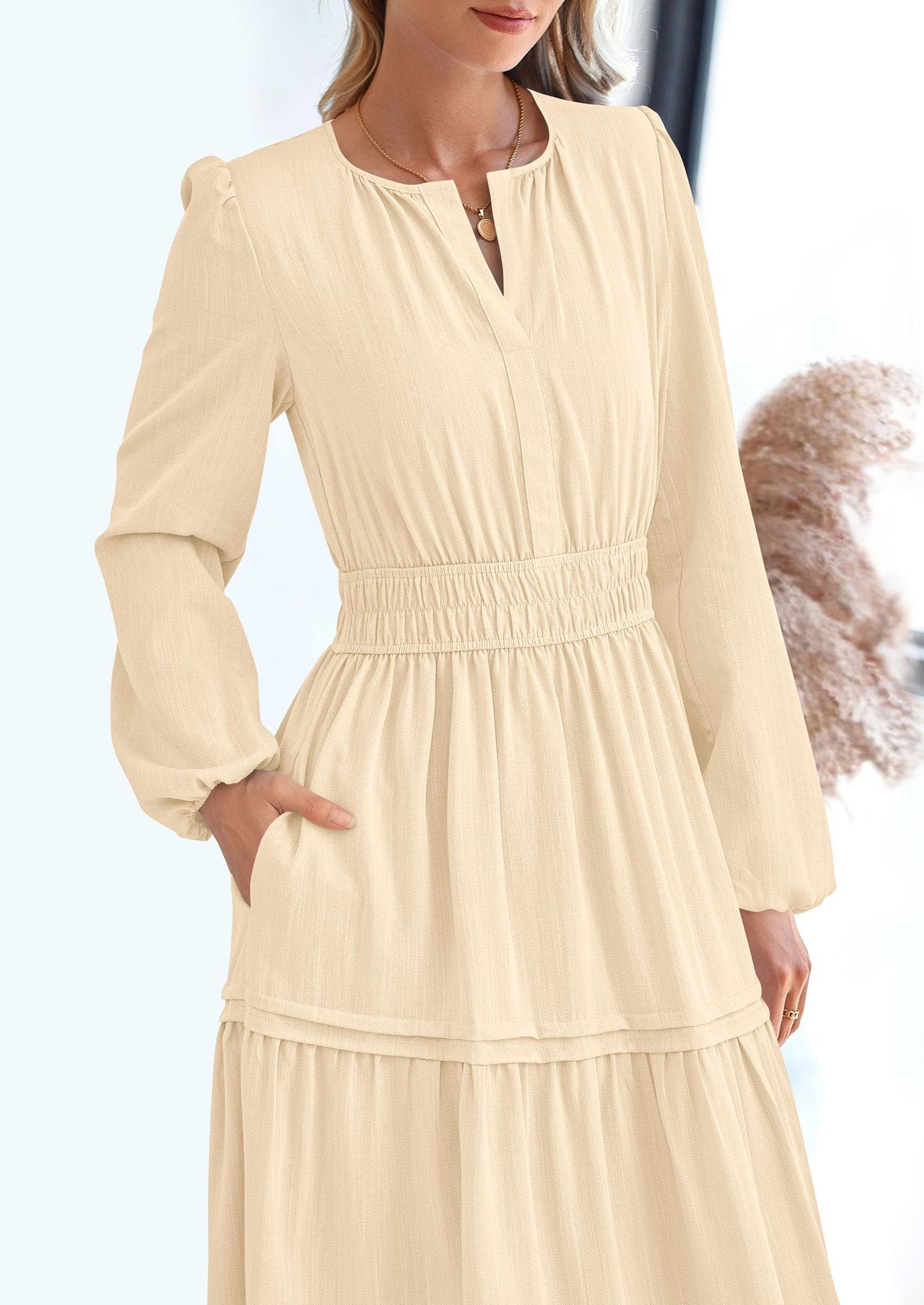 Women's Elegant Maxi Dresses Long Sleeve V Neck Flowy Pockets Casual Modest Dress Fall Fashion Clothes