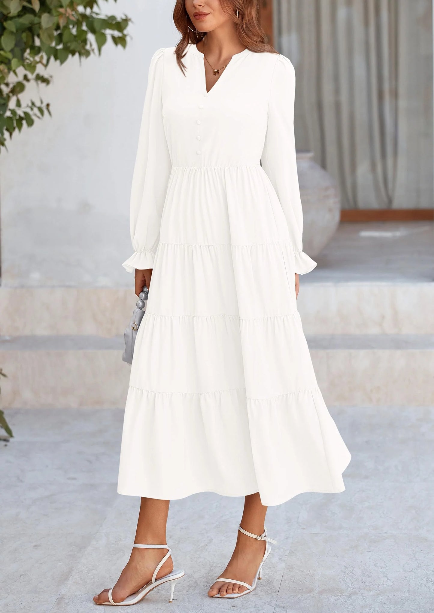 Women Fall Long Sleeve Smocked Maxi Dress Casual Square Neck Swiss Dot Tiered Ruffle Flowy Spring Pocket Dresses