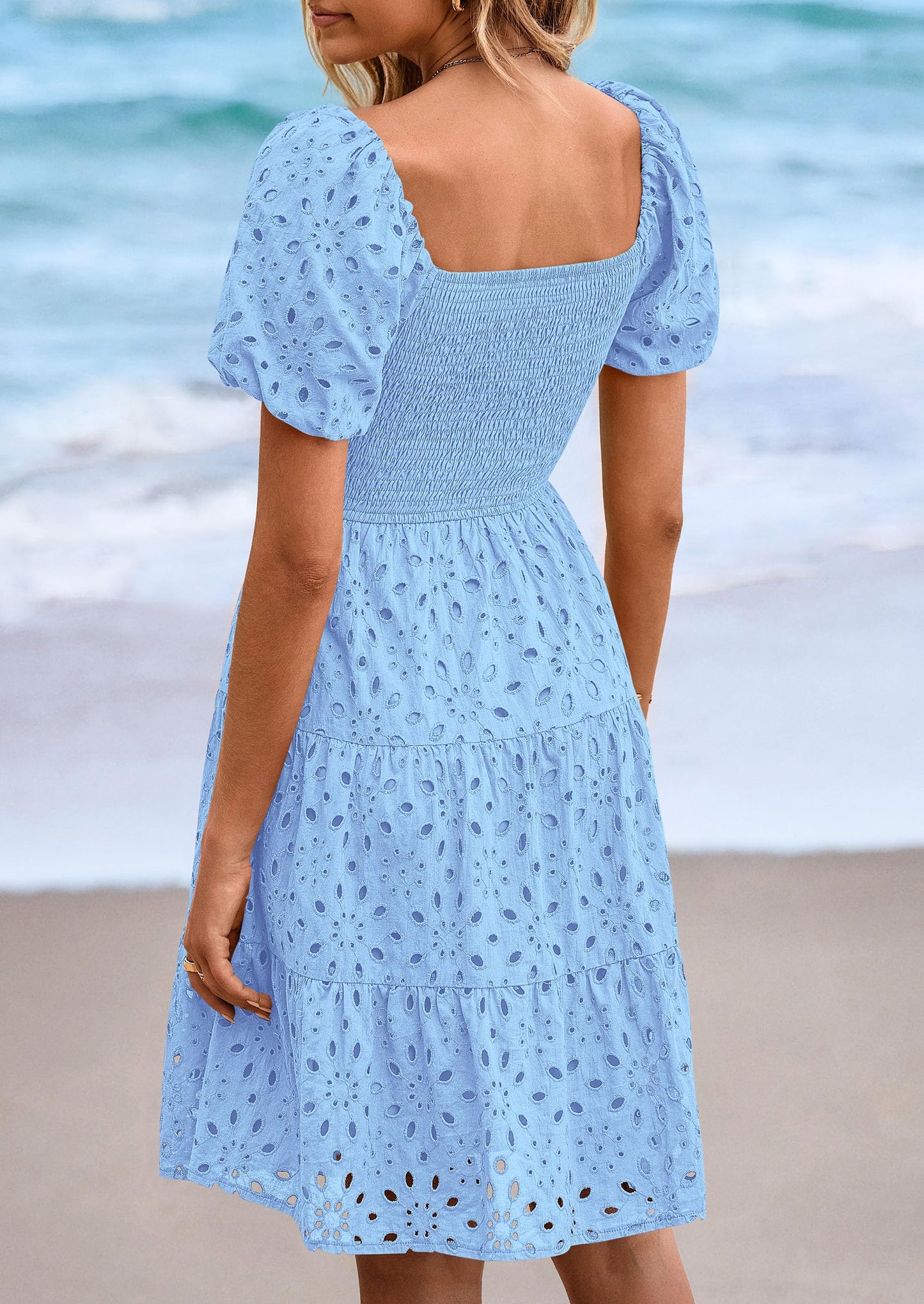 Womens Summer Puff Sleeve Mini Dress Off Shoulder Eyelet Smocked A Line Casual Babydoll Short Dresses