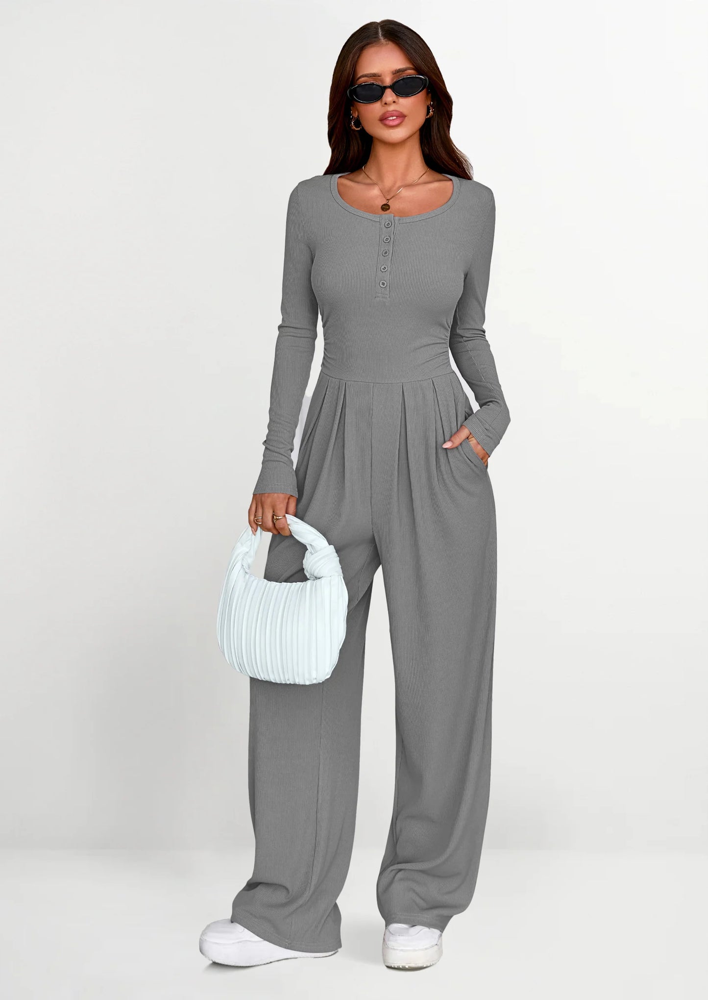 Jumpsuits for Women Dressy Casual Fall One Piece Outfits Long Sleeve Crew Neck Wide Leg Pants Rompers