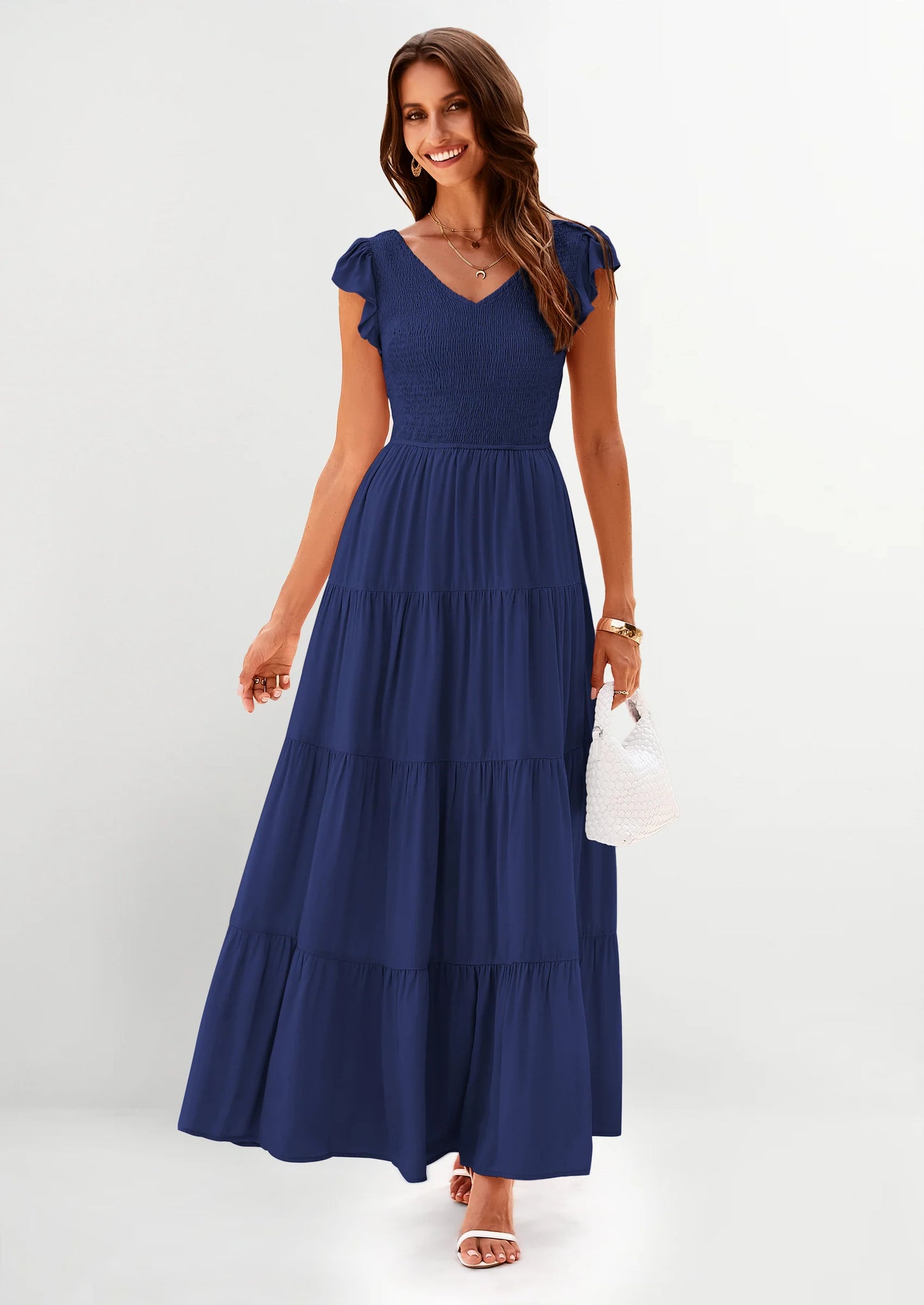 Women's Flowy Maxi Dress Casual Cap Sleeve V Neck Smocked Beach Sundress