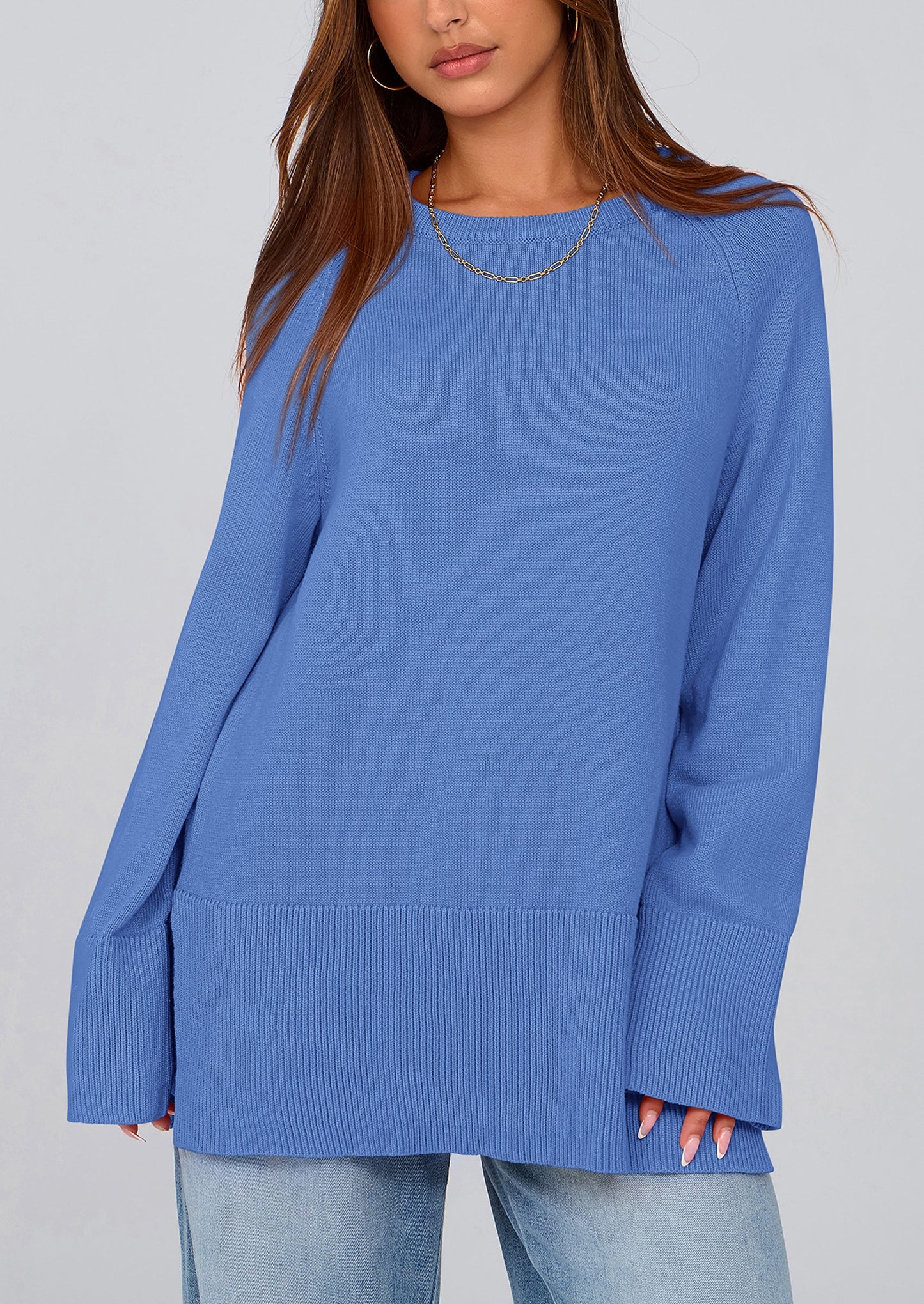 Women's Knit Fall Sweaters Long Sleeve Pullover Crewneck Split Hem Oversized Tunic Sweater Tops Winter Clothing