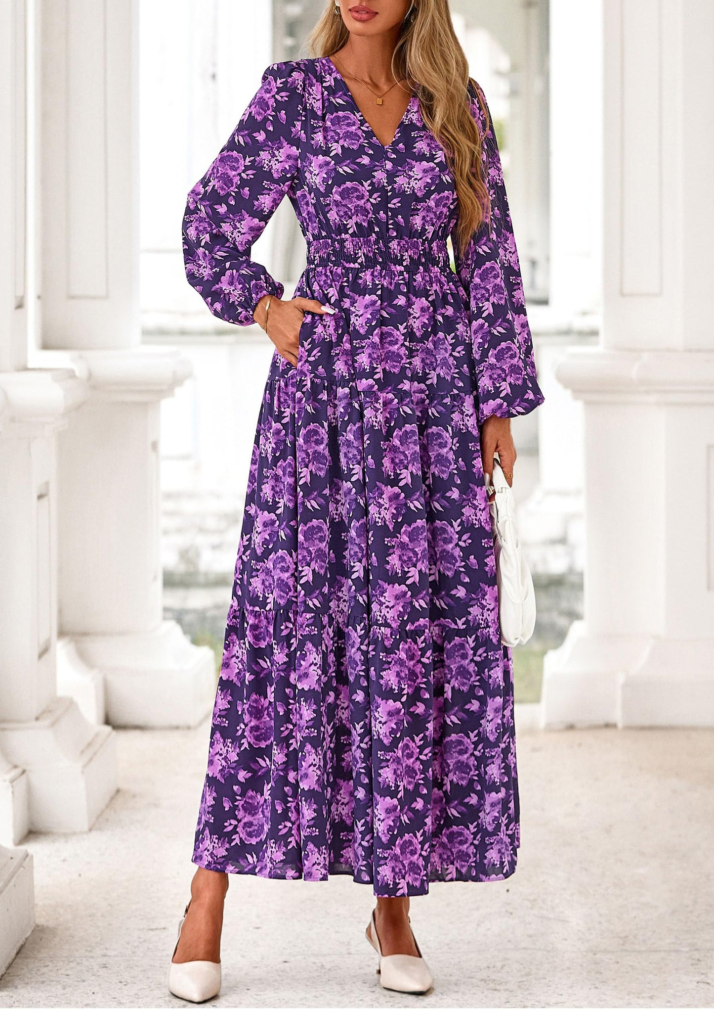 Long Sleeve Maxi Fall Dresses for Women Vneck Smocked Boho Floral Tiered Swing Flowy Wedding Guest Dress