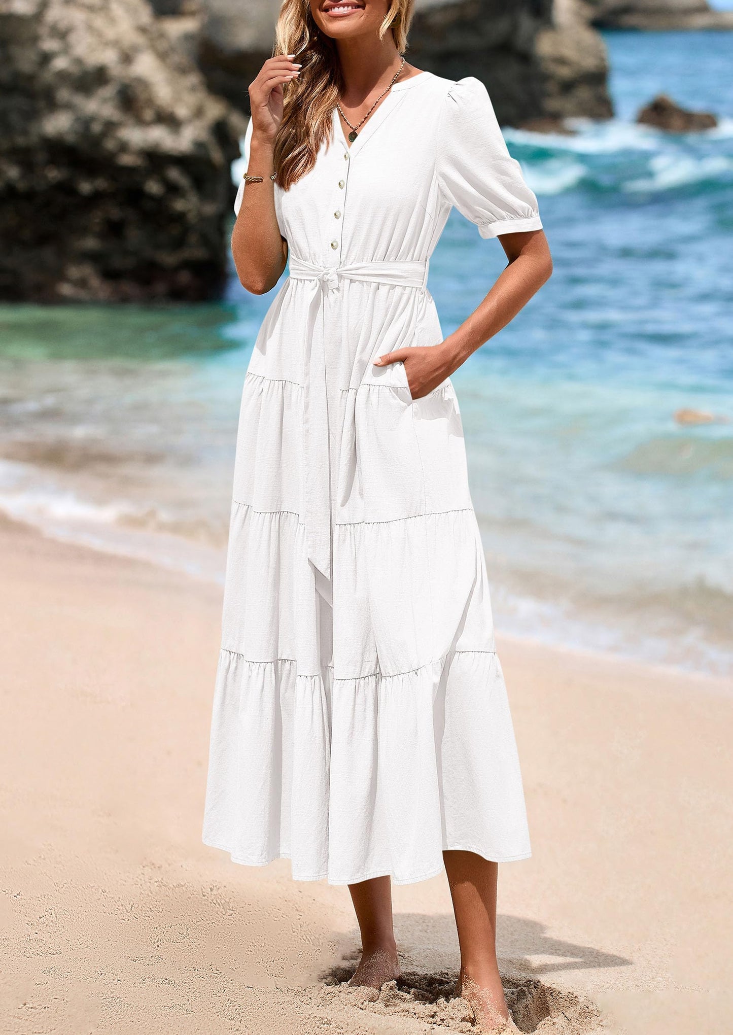 Women's Midi Dress Casual Short Sleeve V Neck Buttons Belted Ruffle A Line Flowy Dress with Pockets