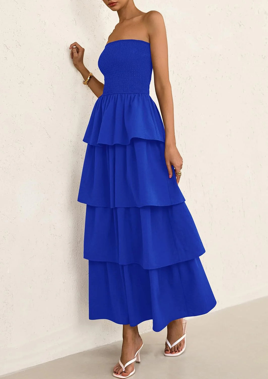 Maxi Dresses for Women Off Shoulder Smocked Tiered Ruffle Long Flowy Wedding Guest Dress