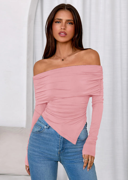 Women's Long Sleeve Shirts Off Shoulder Tops Going Out Slim Fitted Y2K Blouses Fall Fashion Clothes