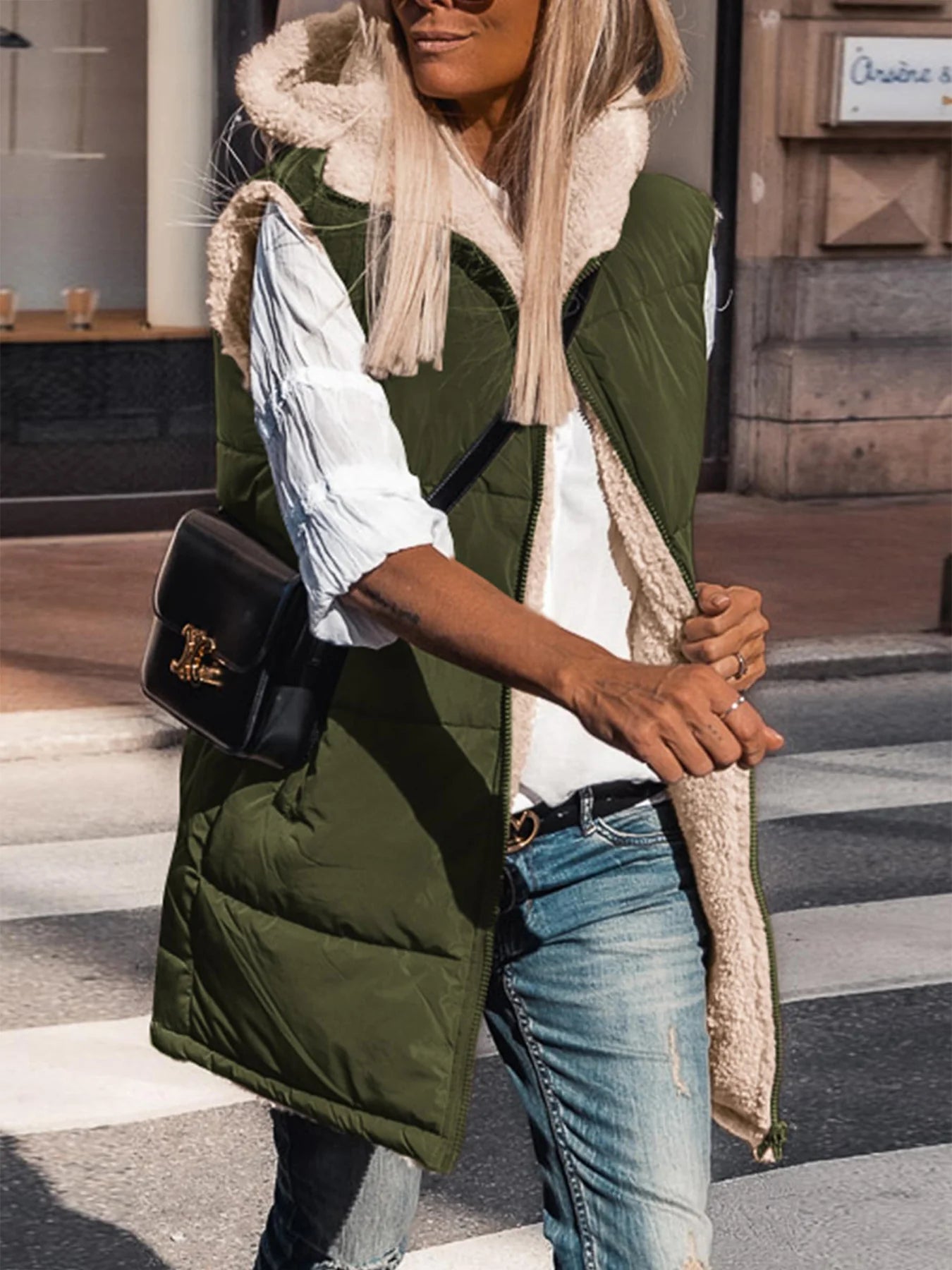 Womens Fall Reversible Vests Sleeveless Fleece Jacket Zip Up Hoodie Pockets Long Warm Winter Coat Outerwear