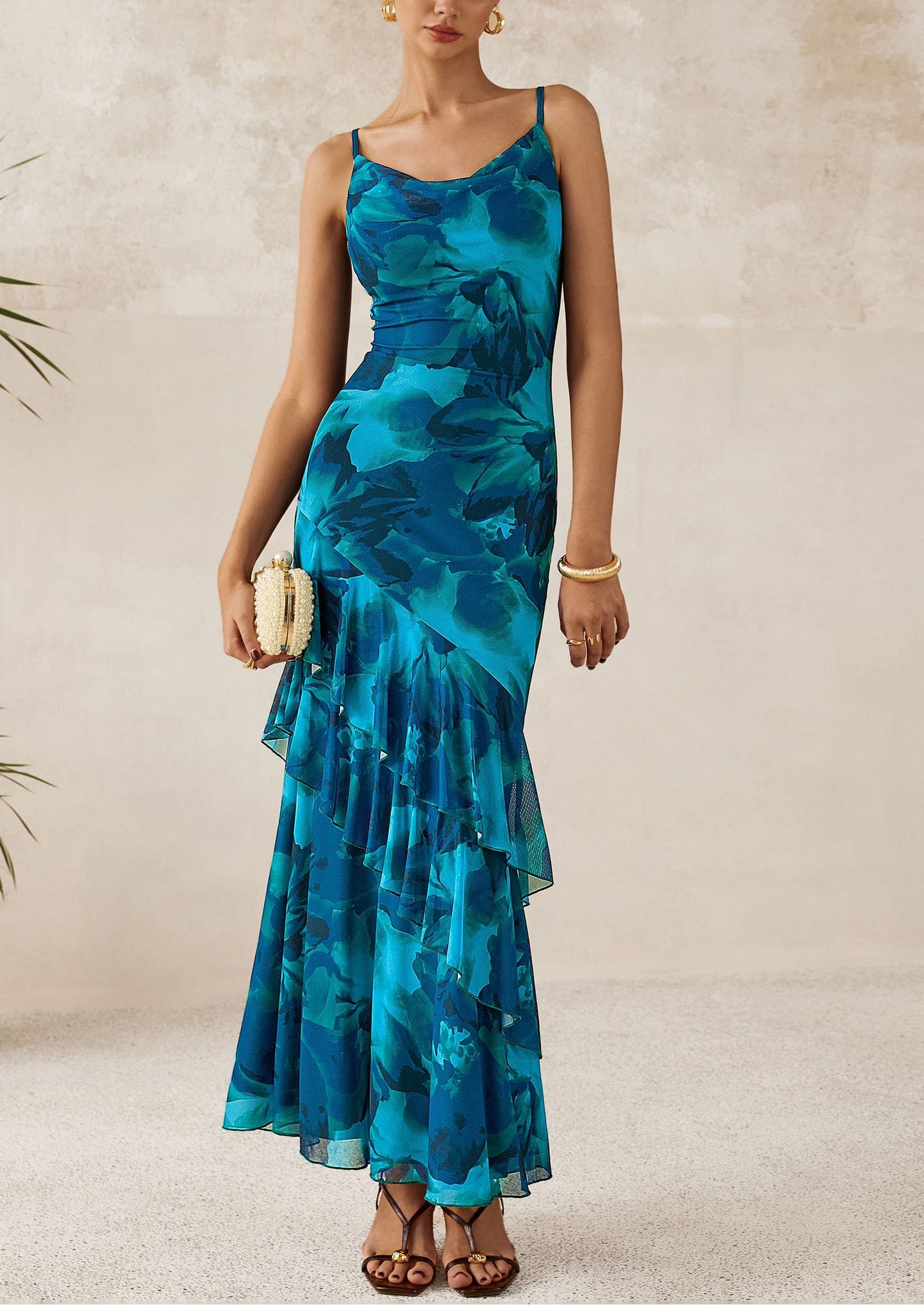 Maxi Dresses for Women Floral Beach Sundress Spaghetti Strap Tiered Wedding Guest Long Dress