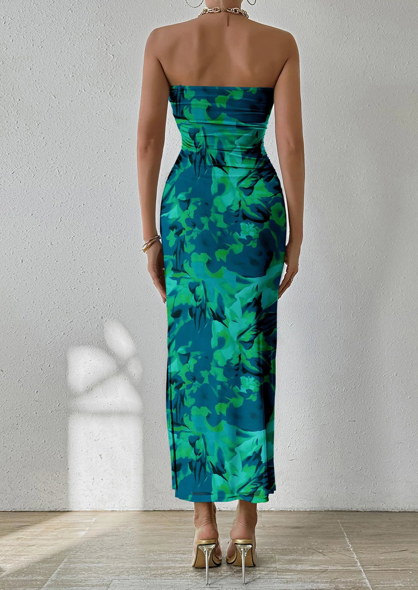Women's Maxi Bodycon Dresses Strapless Tube Top Slit Floral Printed Party Club Long Dress