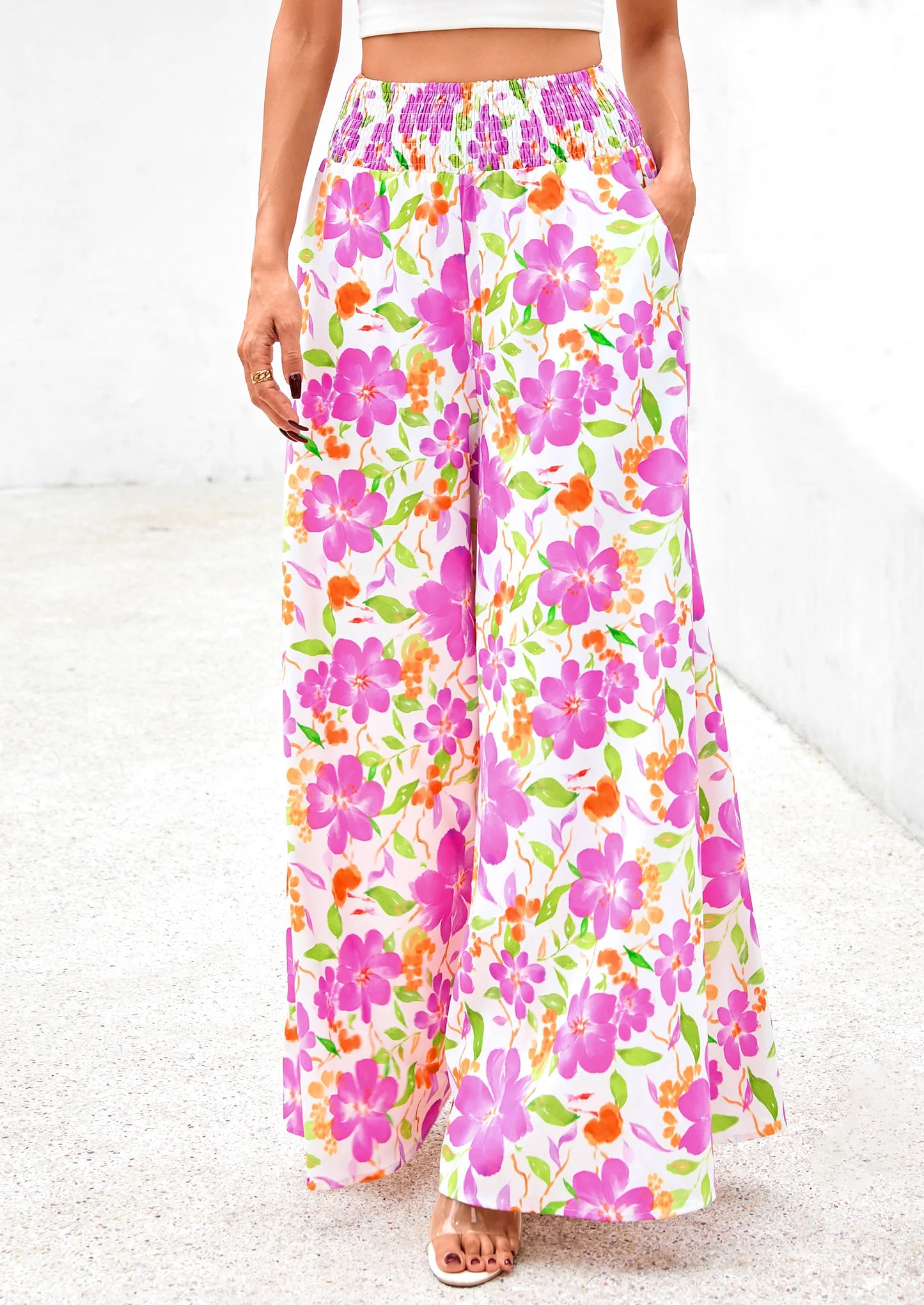 Casual Elastic High Waisted Pockets Boho Beach Wide Leg Palazzo Pants
