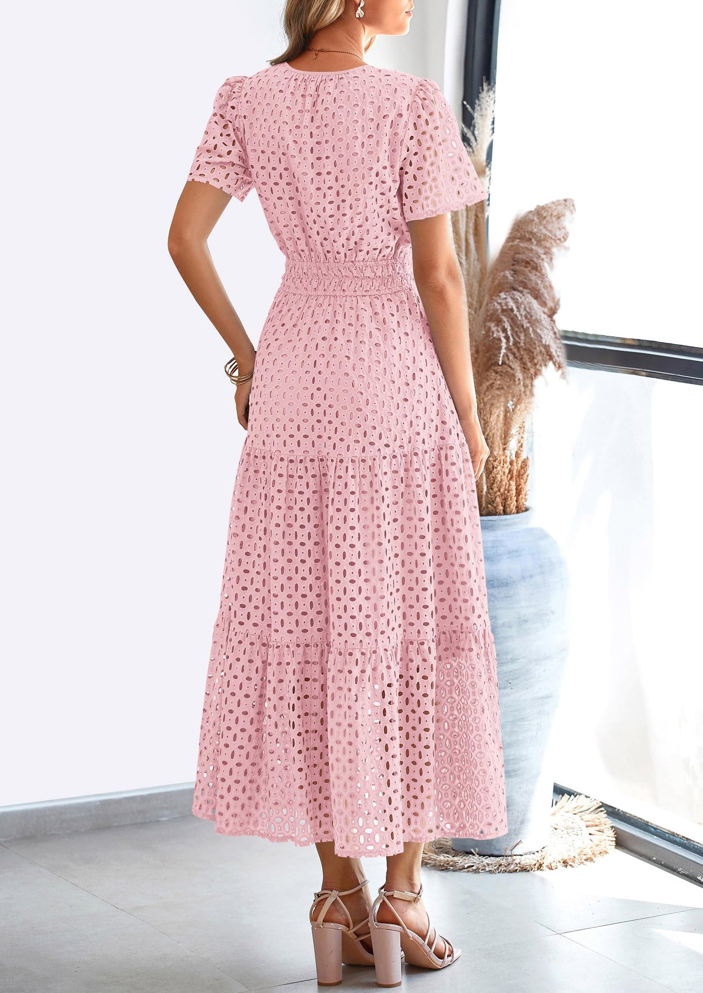 Womens Maxi Dress Short Sleeve V Neck Hollow Out Eyelet A Line Long Flowy Beach Vacation Dresses