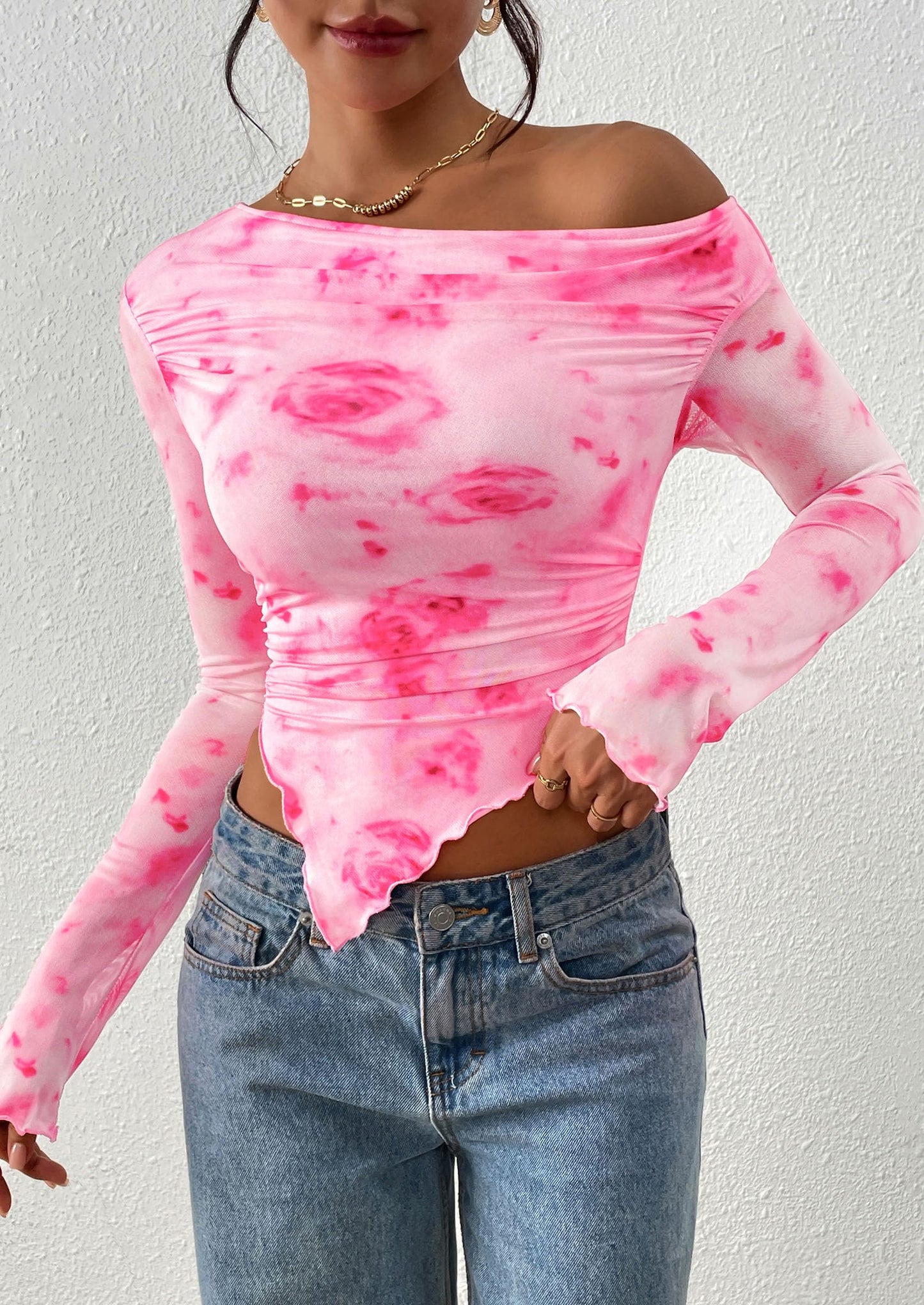 Womens Fall Trendy Off Shoulder Tops Tie Dye Mesh Long Sleeve Shirts Asymmetrical Ruched Floral Blouse