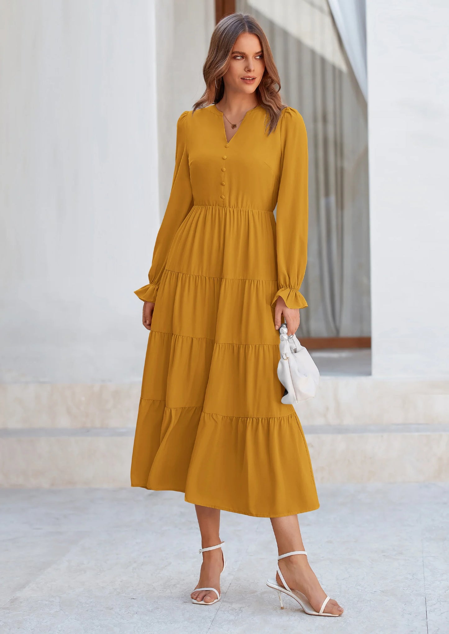 Women Fall Long Sleeve Smocked Maxi Dress Casual Square Neck Swiss Dot Tiered Ruffle Flowy Spring Pocket Dresses