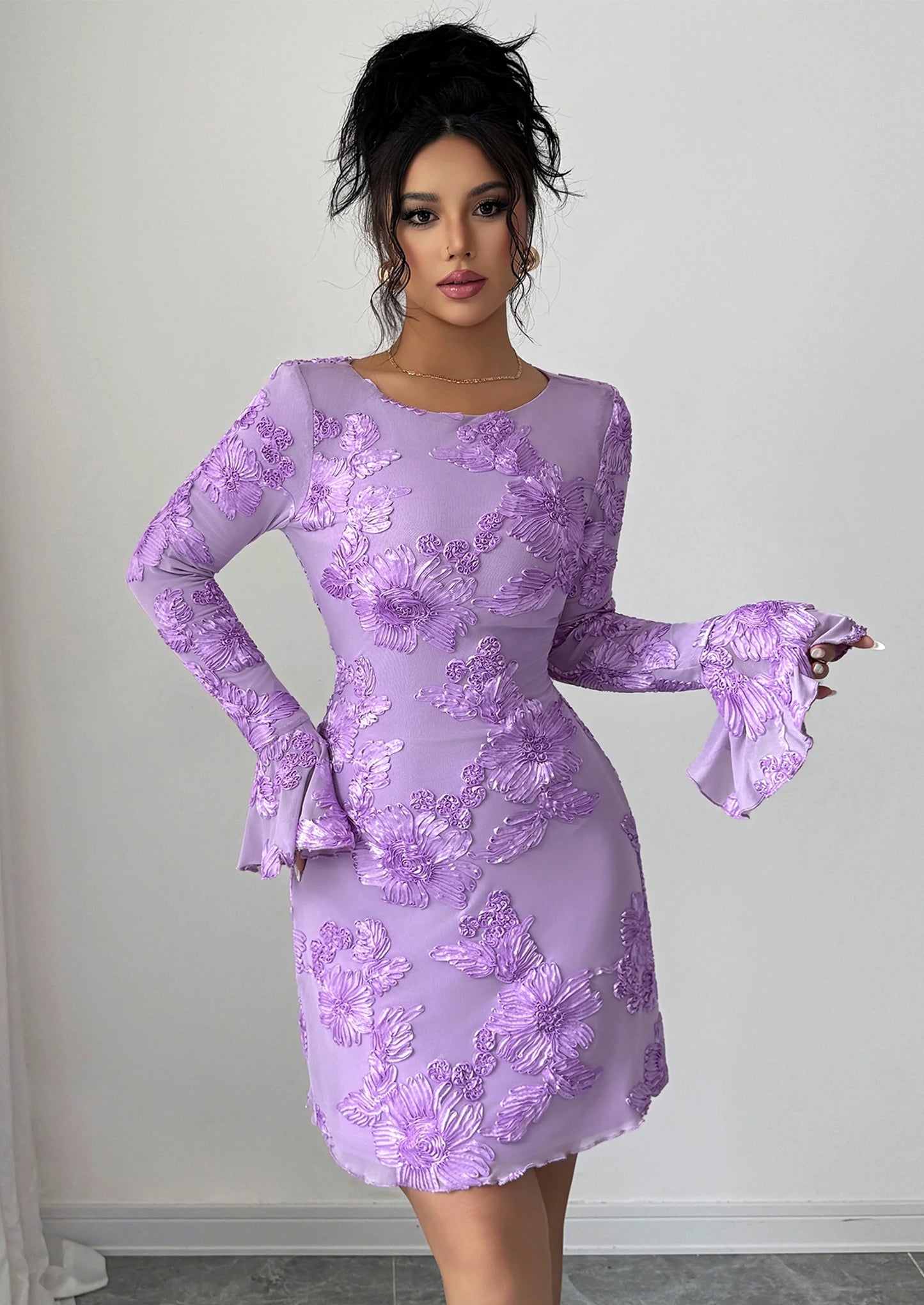 Women's Floral Embroidered Dress Fall Long Bell Sleeve Ribbon Flower Mini Short Mesh Bodycon Party Dresses