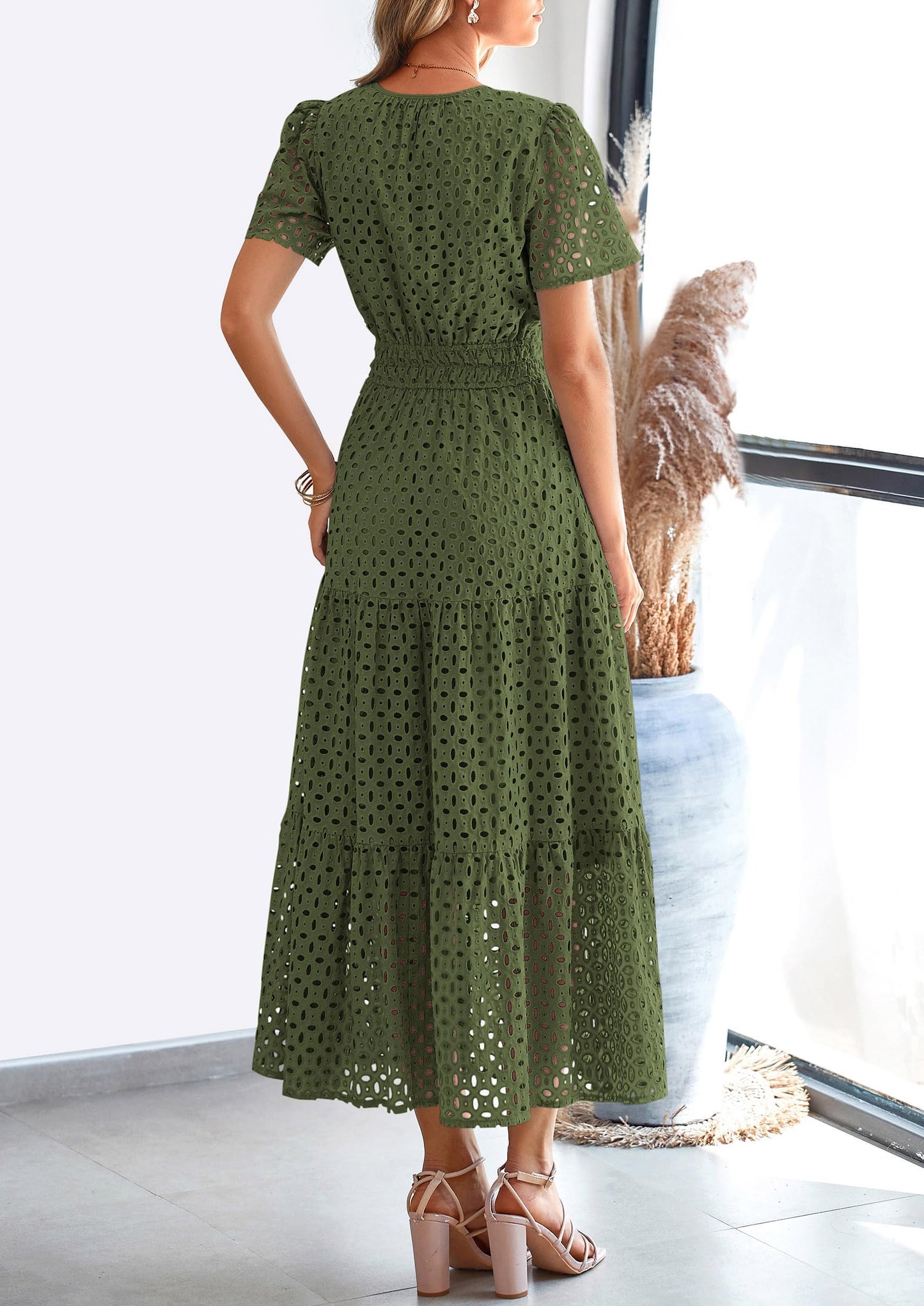 Womens Maxi Dress Short Sleeve V Neck Hollow Out Eyelet A Line Long Flowy Beach Vacation Dresses
